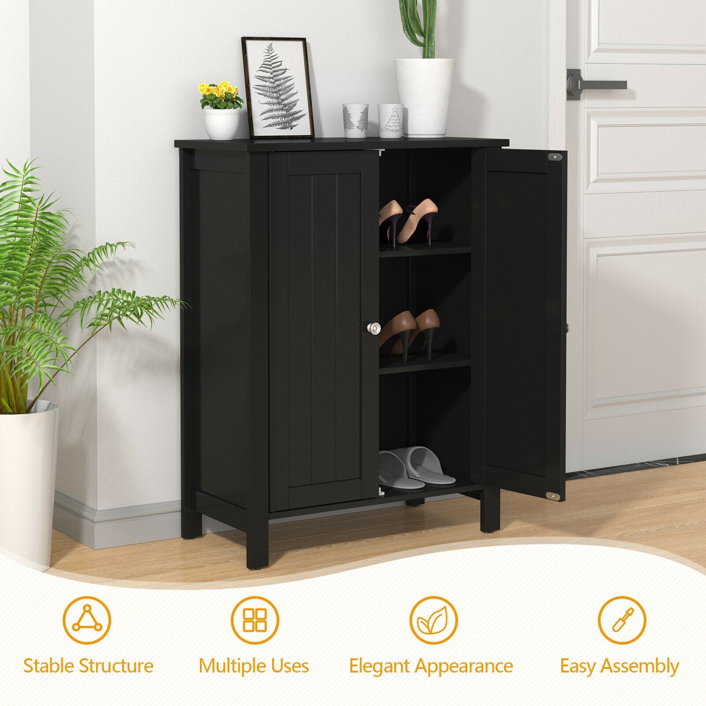2-Door Bathroom Floor Storage Cabinet Space Saver Organizer, Black Floor Cabinets at Gallery Canada