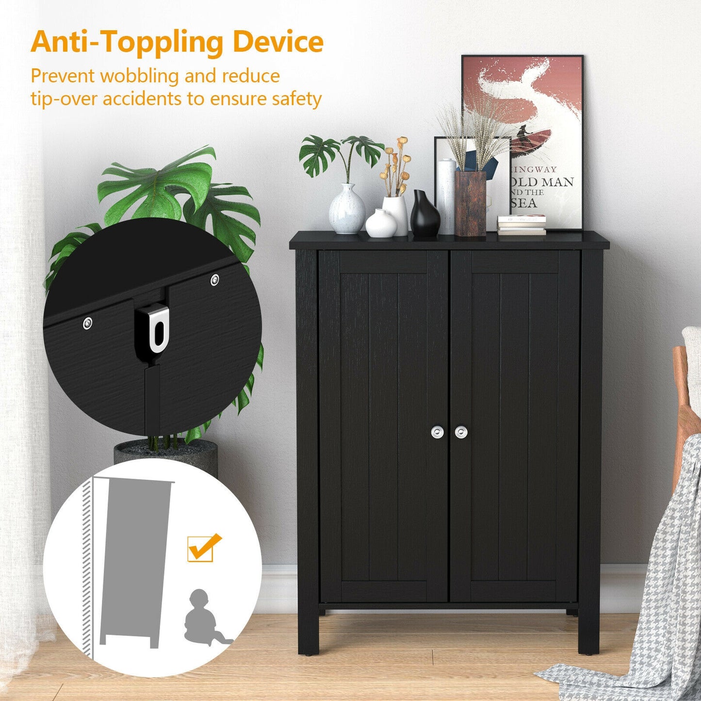 2-Door Bathroom Floor Storage Cabinet Space Saver Organizer, Black Floor Cabinets at Gallery Canada