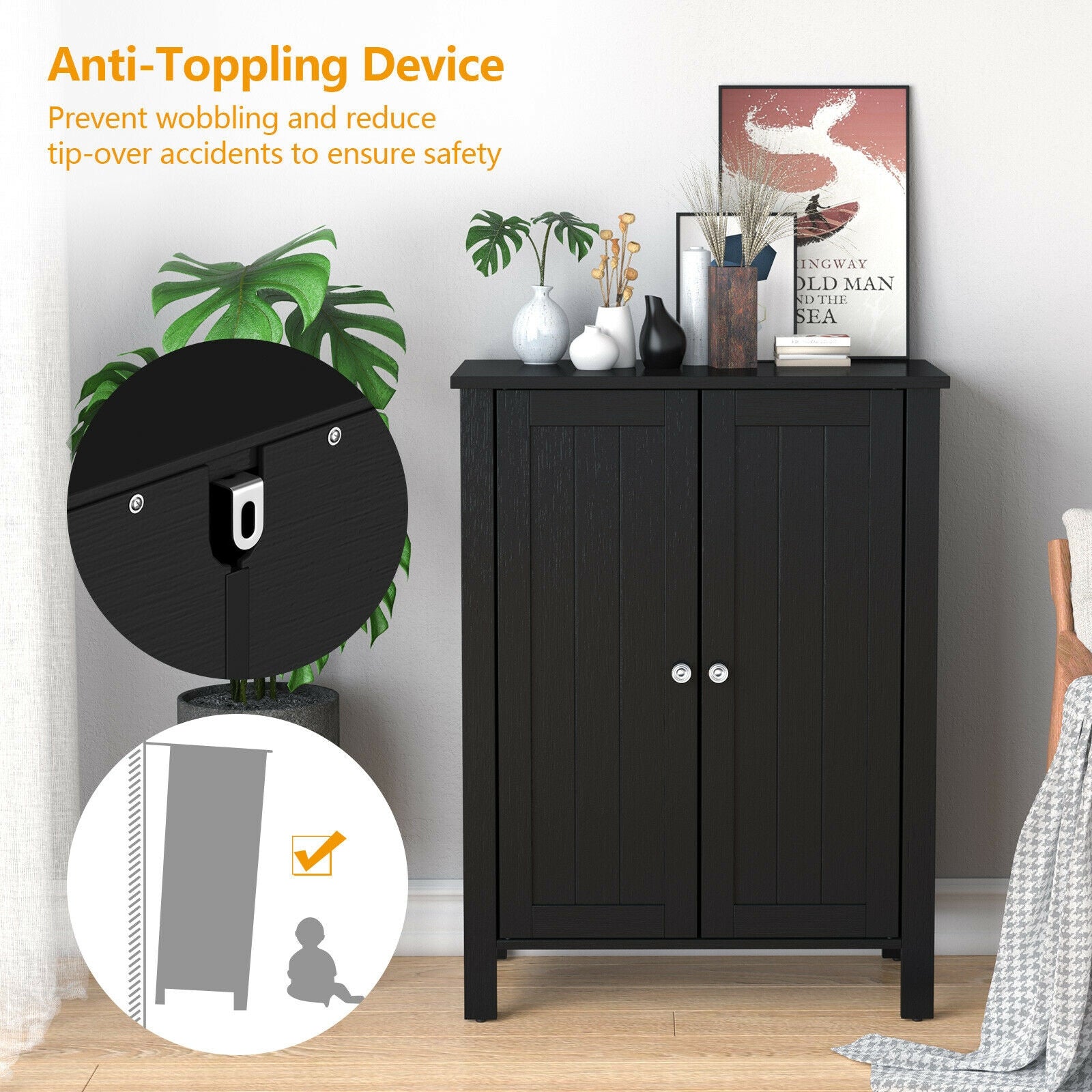 2-Door Bathroom Floor Storage Cabinet Space Saver Organizer, Black Floor Cabinets at Gallery Canada