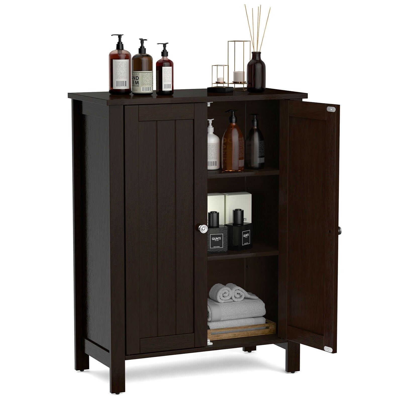 2-Door Bathroom Floor Storage Cabinet Space Saver Organizer, Brown Floor Cabinets at Gallery Canada