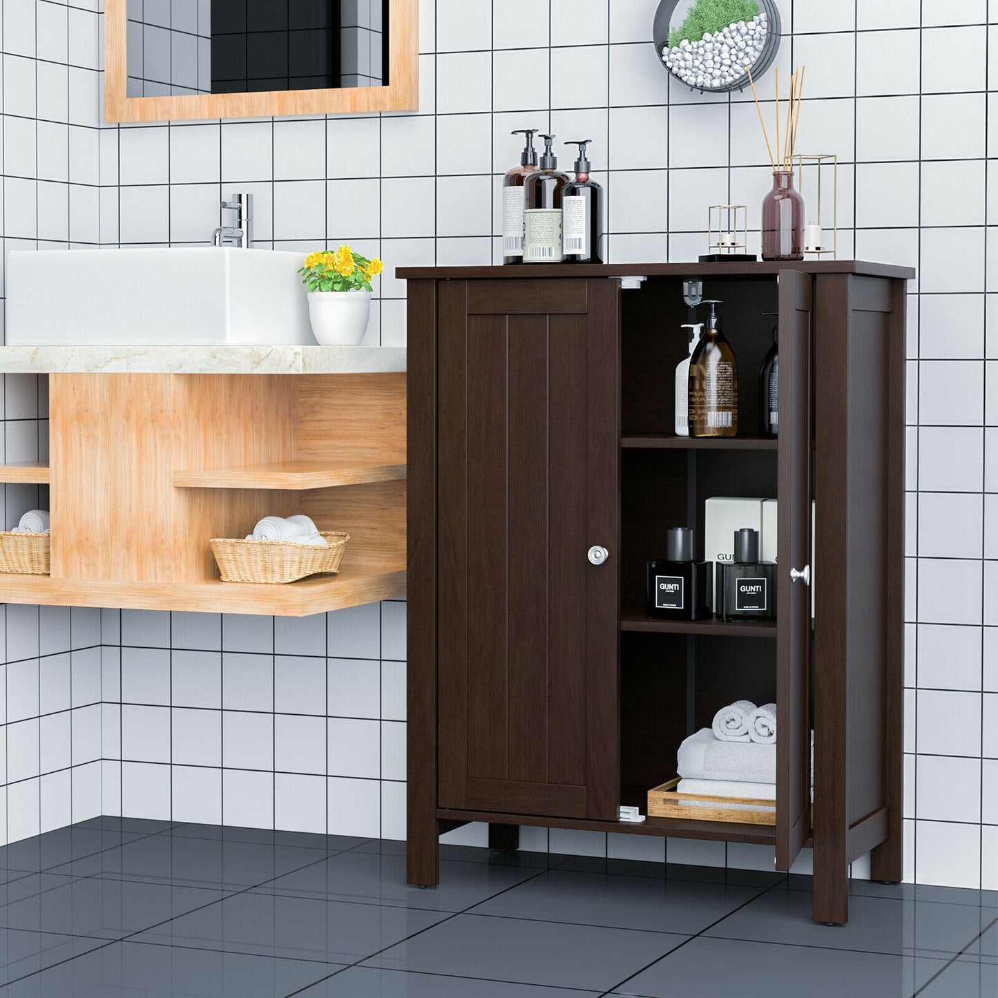 2-Door Bathroom Floor Storage Cabinet Space Saver Organizer, Brown Floor Cabinets at Gallery Canada