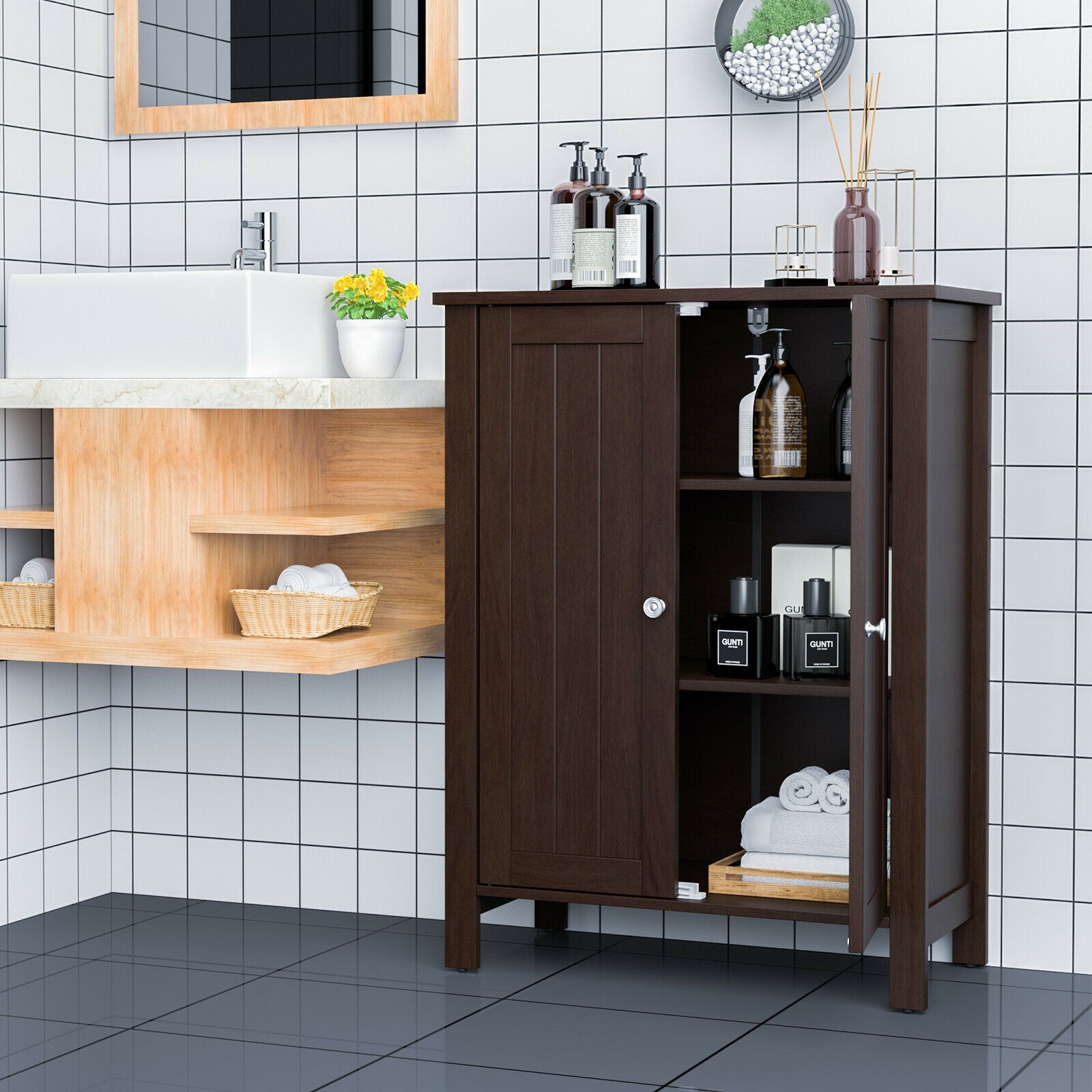 2-Door Bathroom Floor Storage Cabinet Space Saver Organizer, Brown Floor Cabinets at Gallery Canada