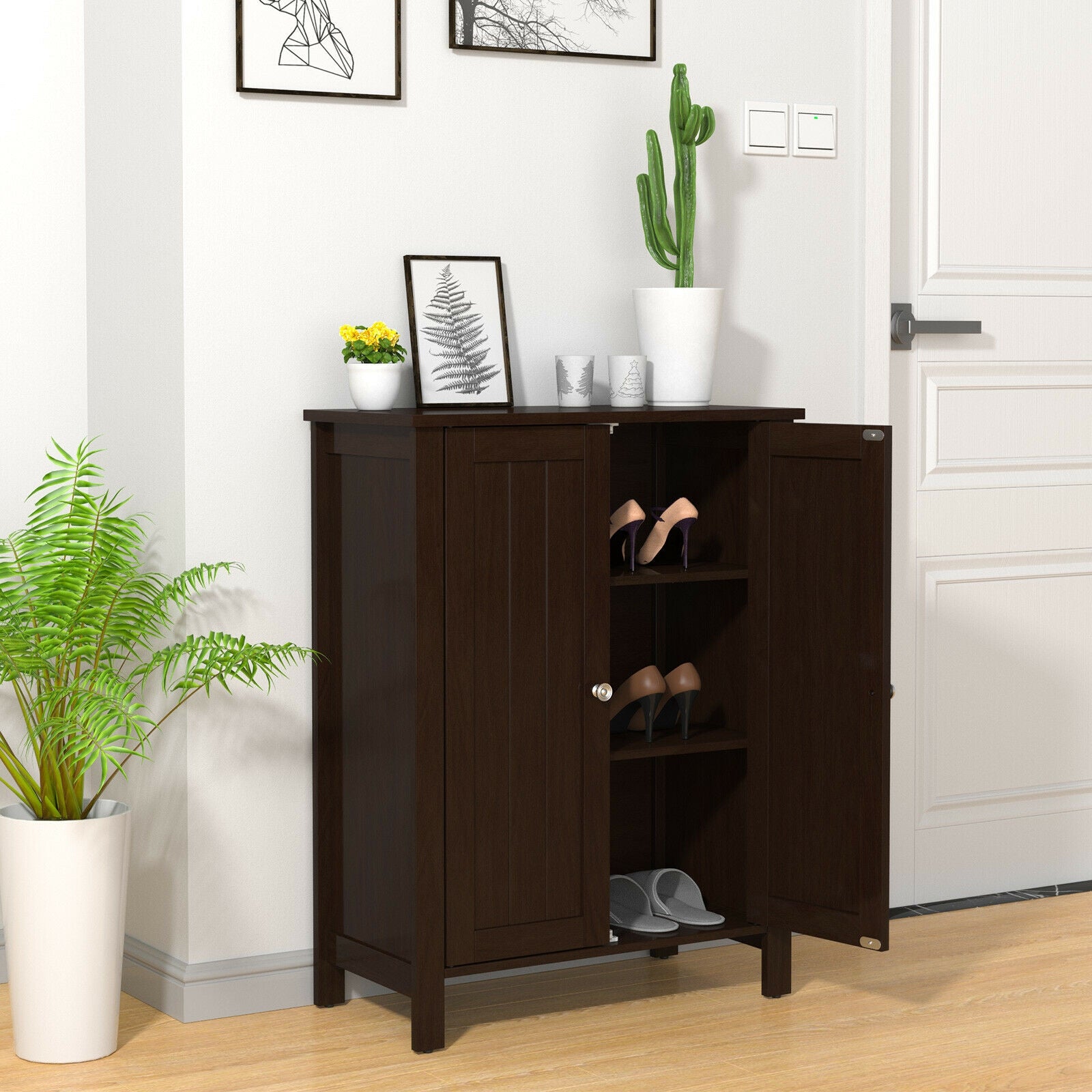 2-Door Bathroom Floor Storage Cabinet Space Saver Organizer, Brown Floor Cabinets at Gallery Canada