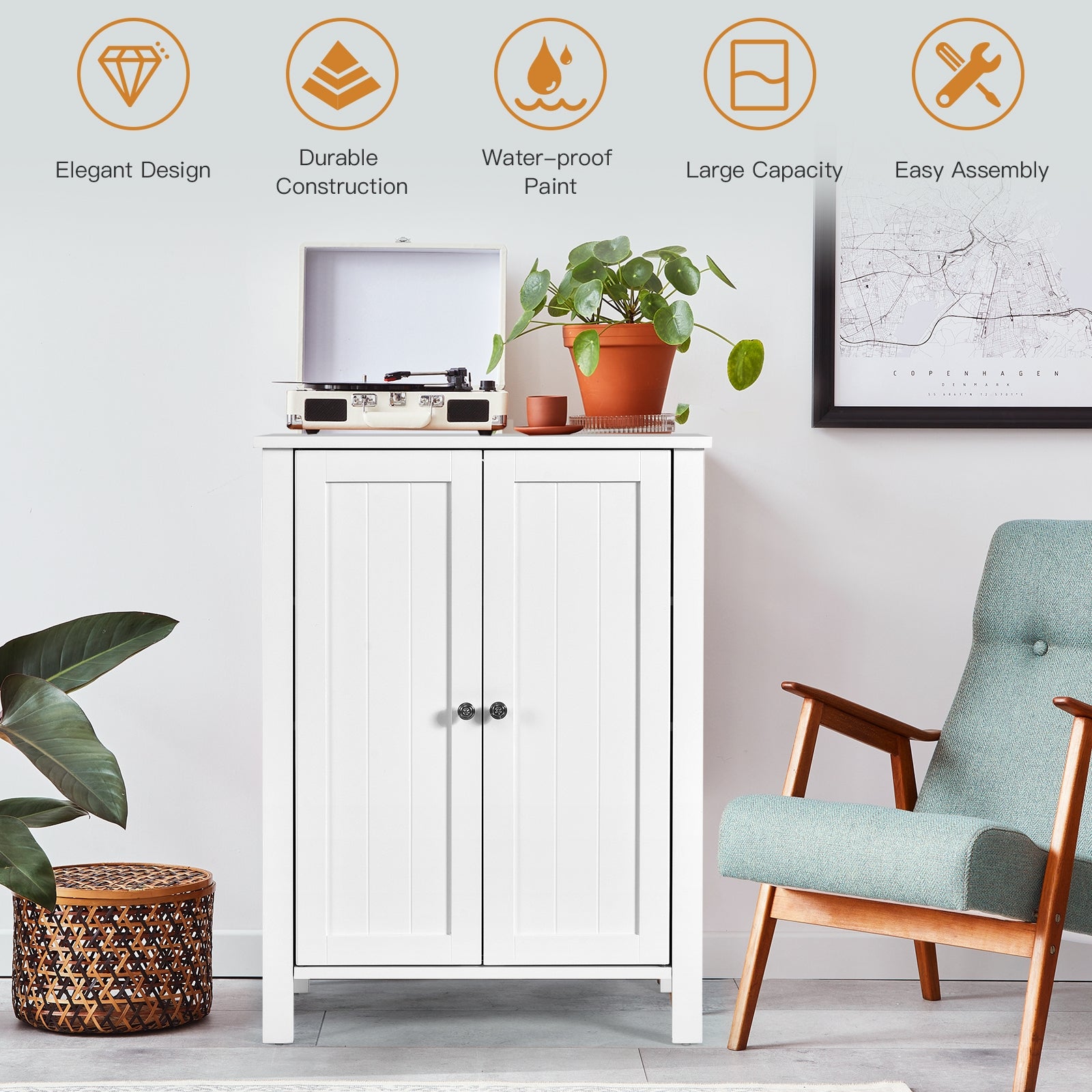 2-Door Bathroom Floor Storage Cabinet with Adjustable Shelf, White Floor Cabinets at Gallery Canada