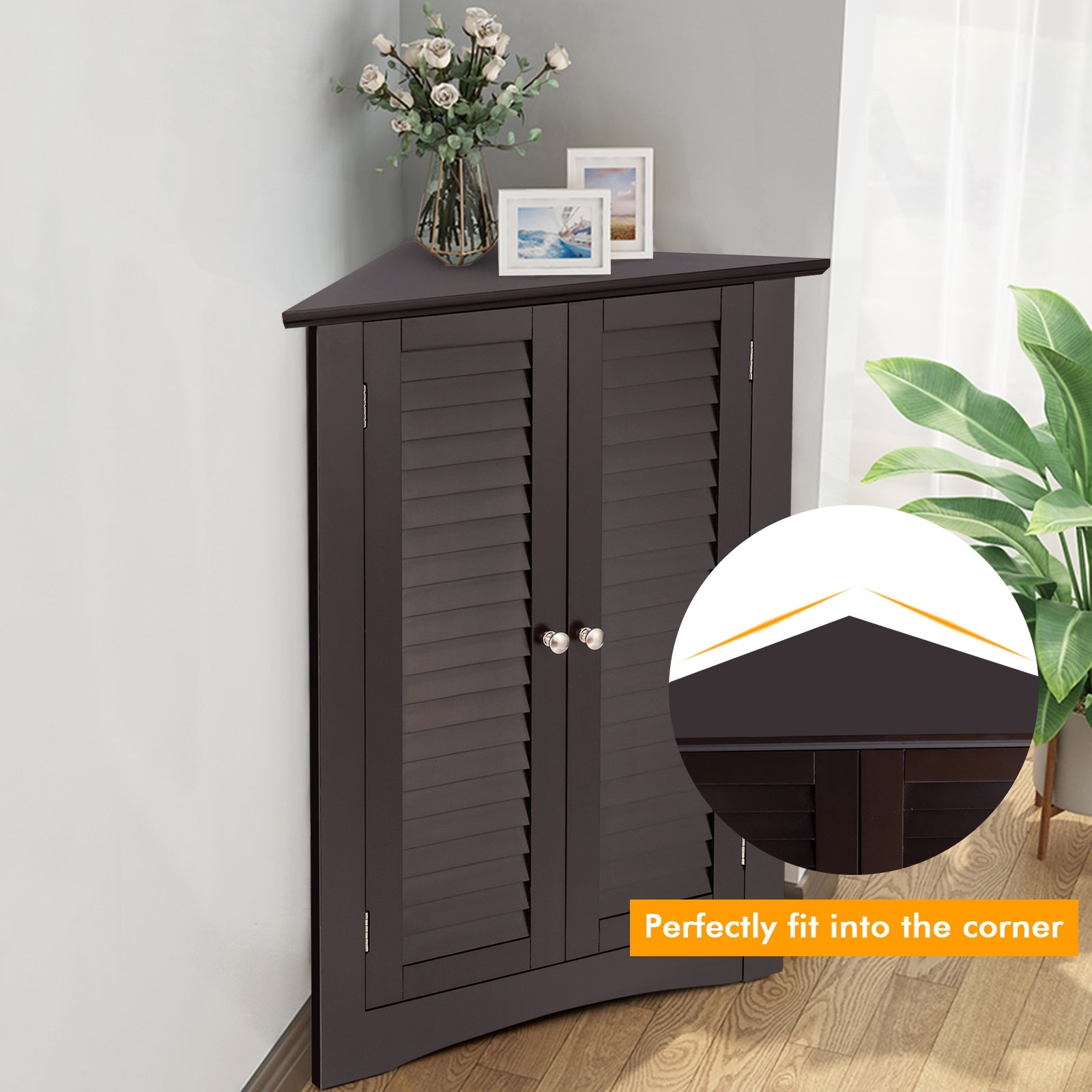 Corner Storage Cabinet, Freestanding Floor, Shutter Door, Brown Floor Cabinets at Gallery Canada