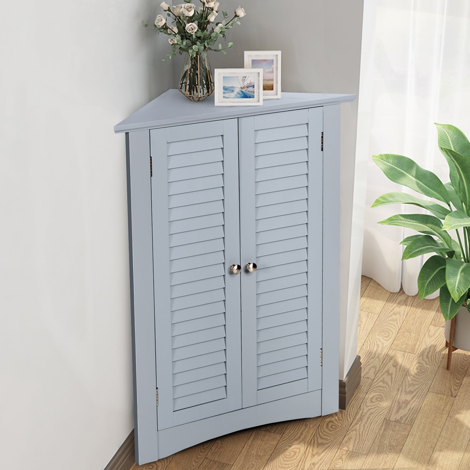 Freestanding Bathroom Corner Cabinet, Shutter Door, Gray Floor Cabinets at Gallery Canada