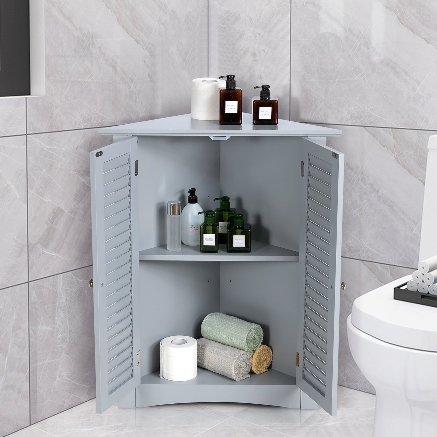 Freestanding Bathroom Corner Cabinet, Shutter Door, Gray Floor Cabinets at Gallery Canada
