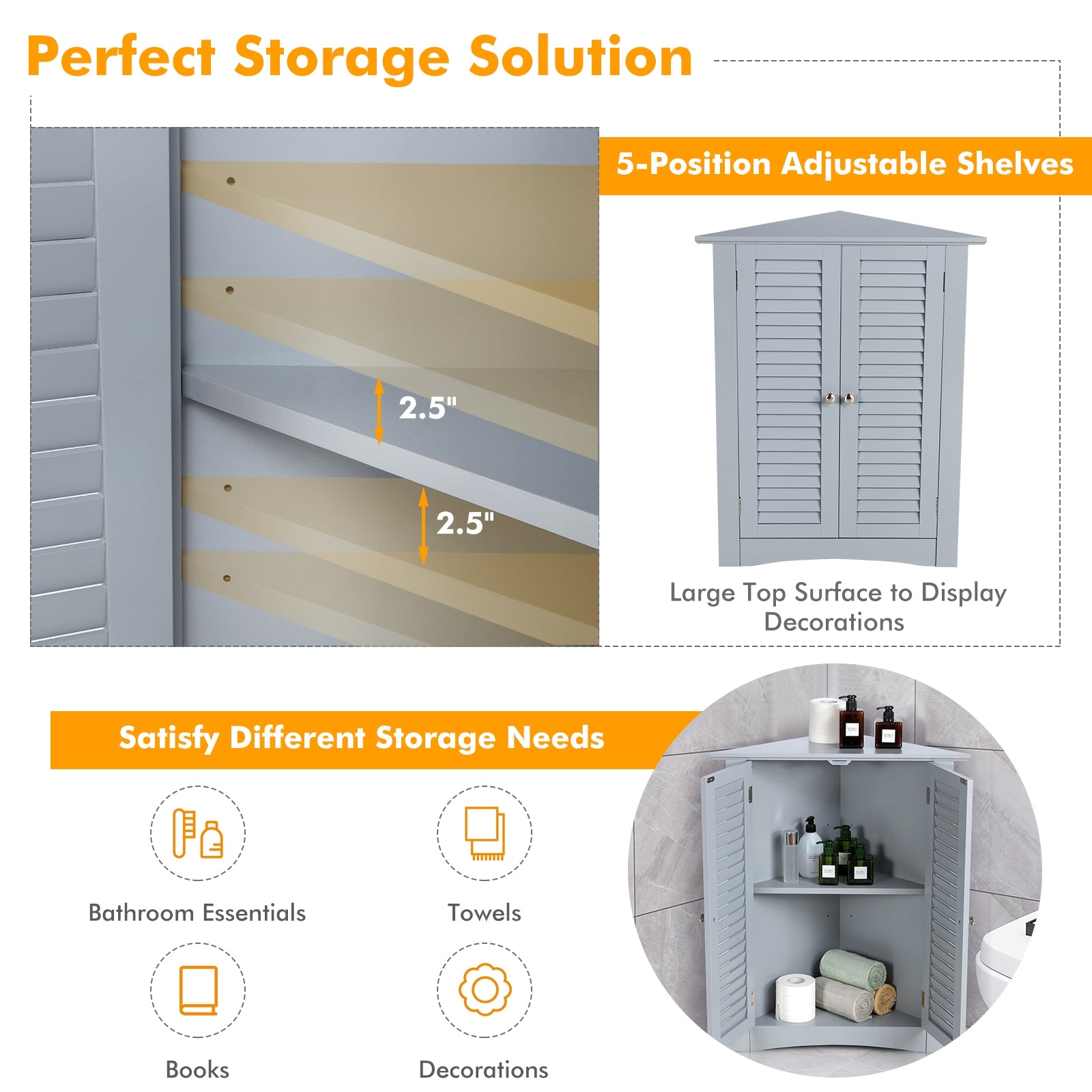 Freestanding Bathroom Corner Cabinet, Shutter Door, Gray Floor Cabinets at Gallery Canada