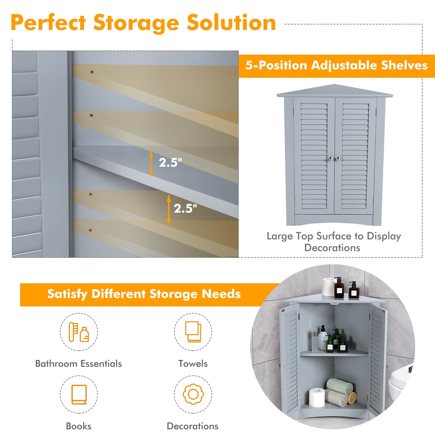Freestanding Bathroom Corner Cabinet, Shutter Door, Gray Floor Cabinets at Gallery Canada