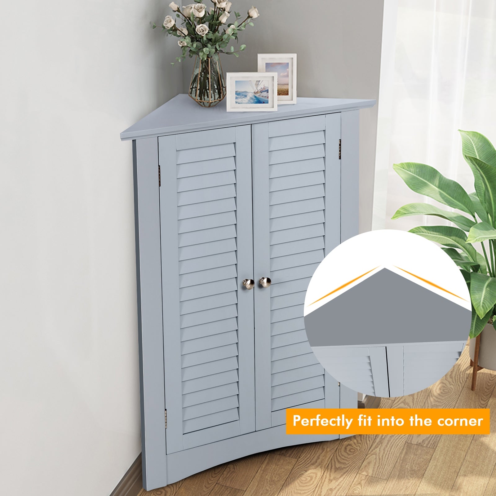 Freestanding Bathroom Corner Cabinet, Shutter Door, Gray Floor Cabinets at Gallery Canada