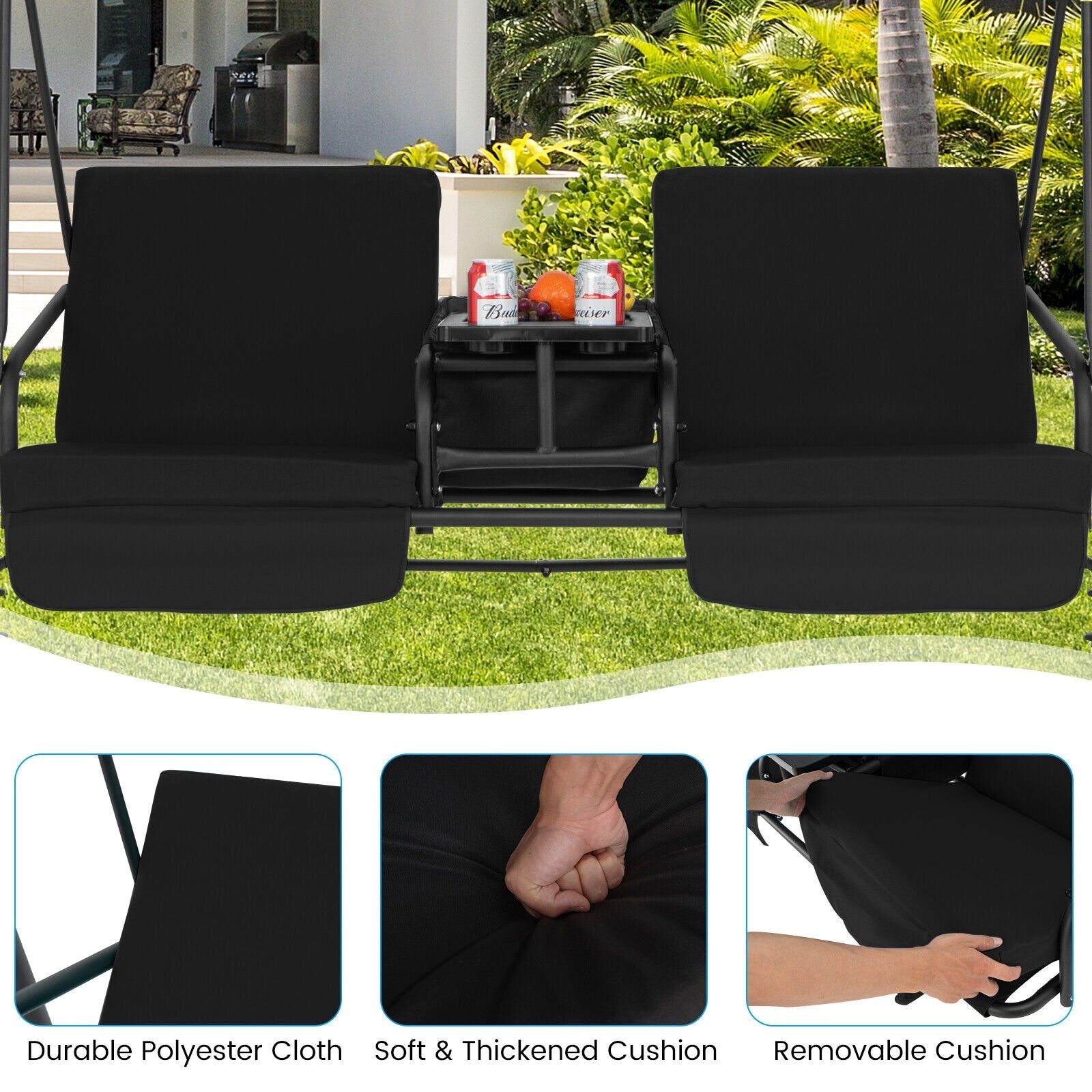 Porch Swing Chair with Adjustable Canopy, Black - Gallery Canada