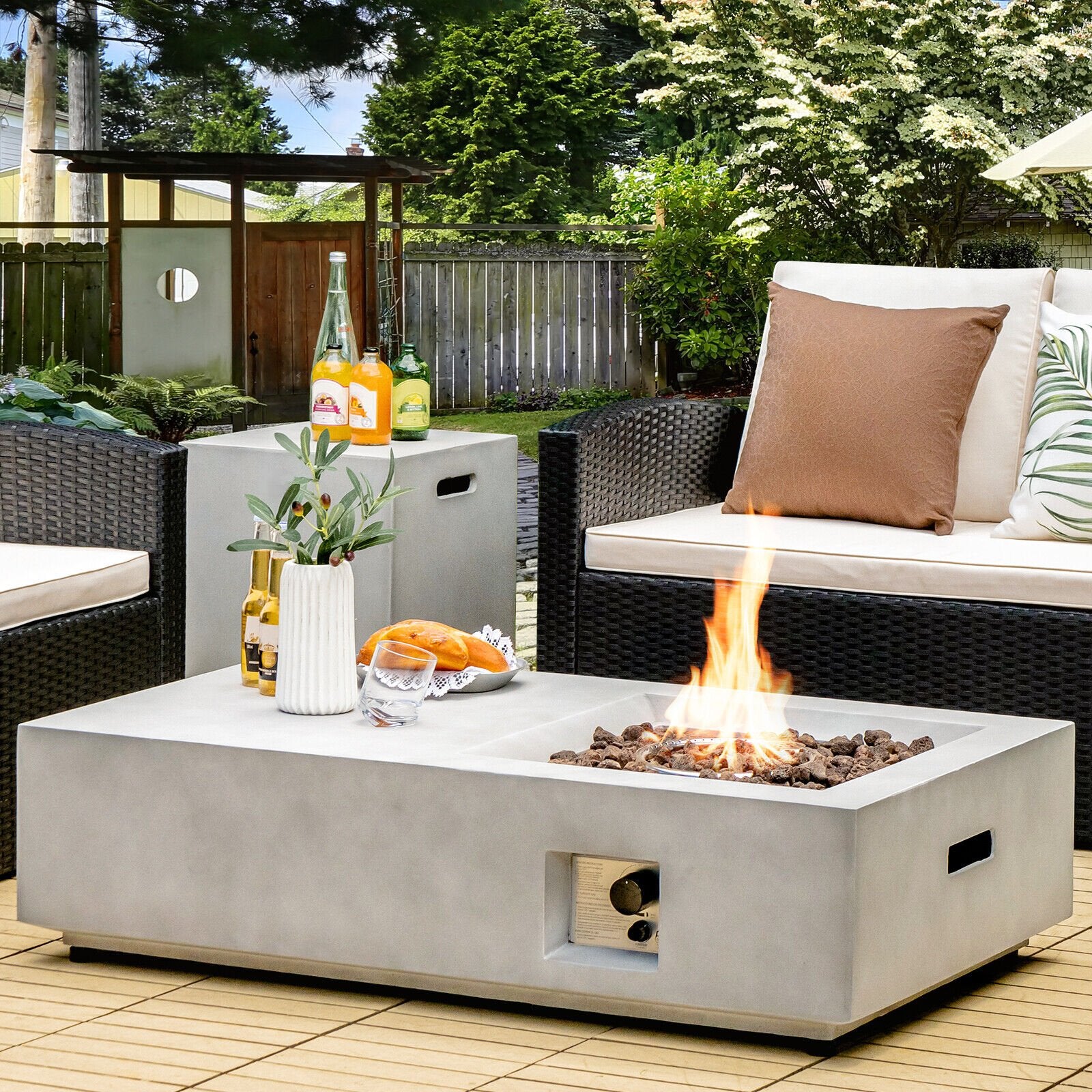 48 Inch Outdoor Concrete Fire Pit with Lava Rocks, Gray - Gallery Canada