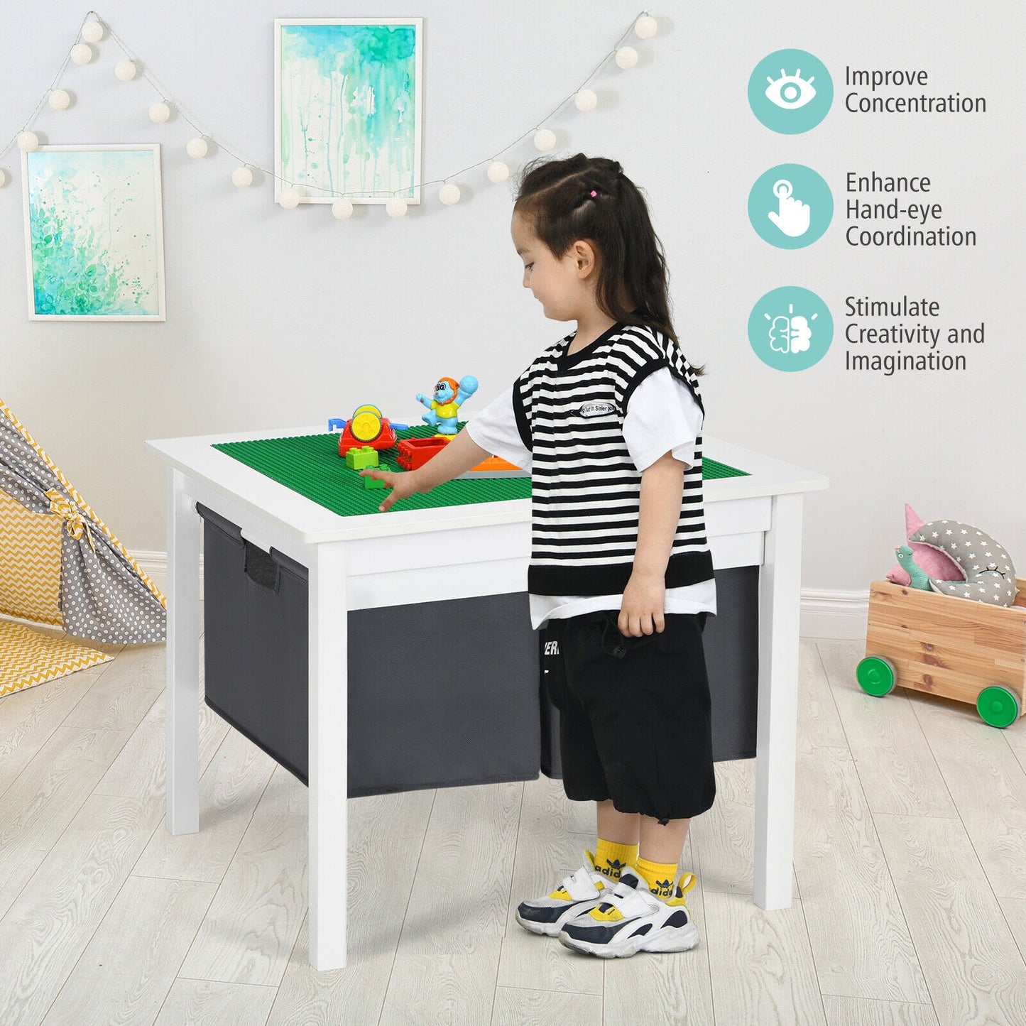 2-in-1 Kids Double-sided Activity Building Block Table with Drawers, White Kids Table & Chair Sets at Gallery Canada