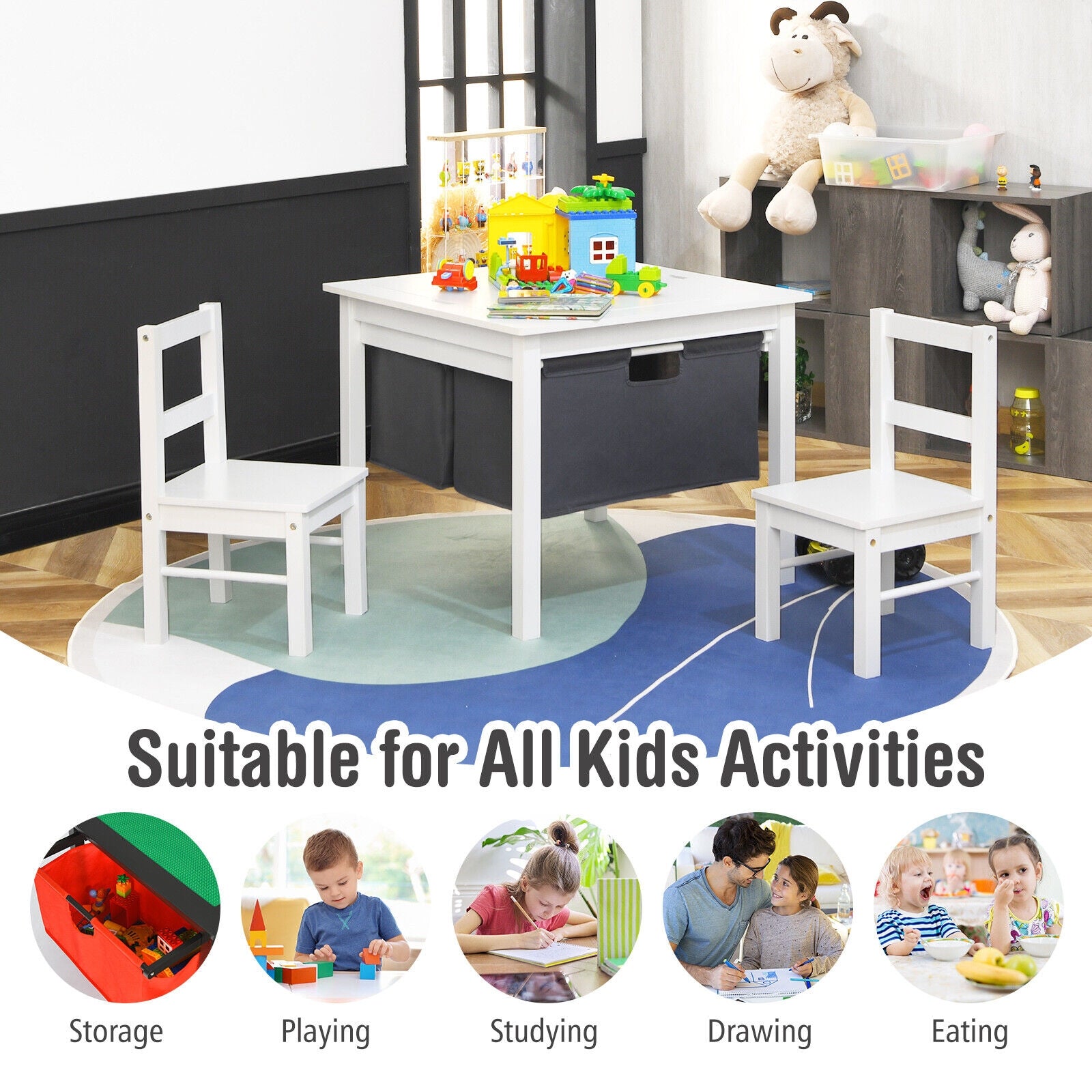 2-in-1 Kids Double-sided Activity Building Block Table with Drawers, White Kids Table & Chair Sets at Gallery Canada
