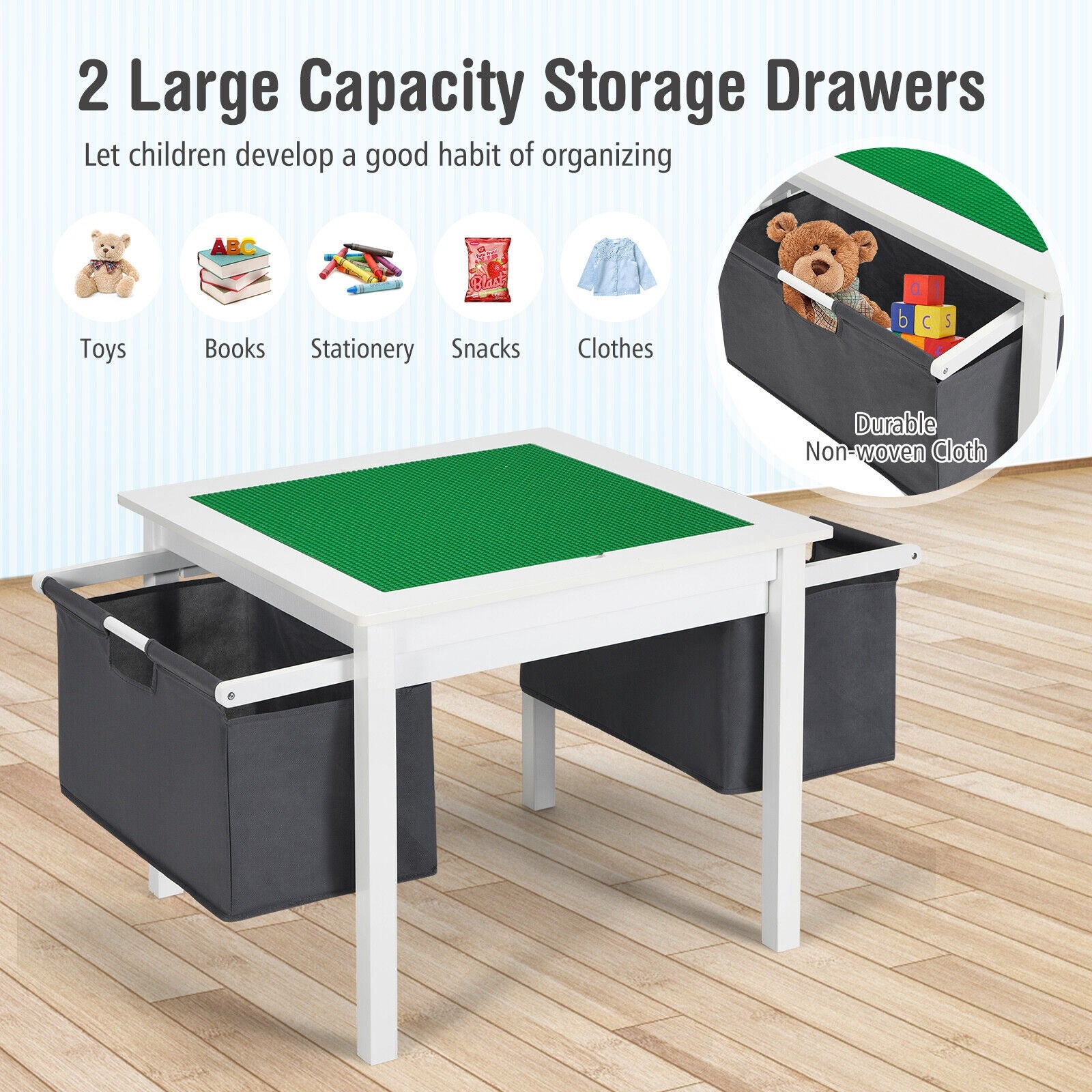 2-in-1 Kids Double-sided Activity Building Block Table with Drawers, White Kids Table & Chair Sets at Gallery Canada