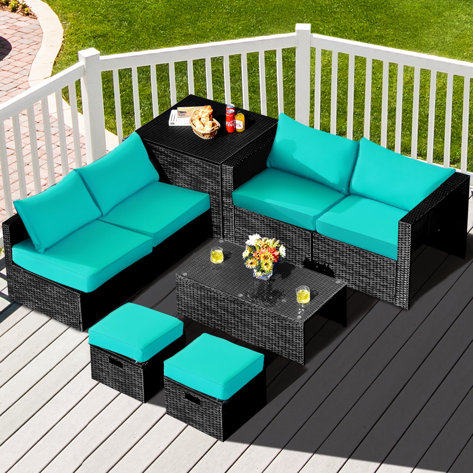 8 Pieces Patio Rattan Storage Table Furniture Set, Turquoise Outdoor Sectionals at Gallery Canada