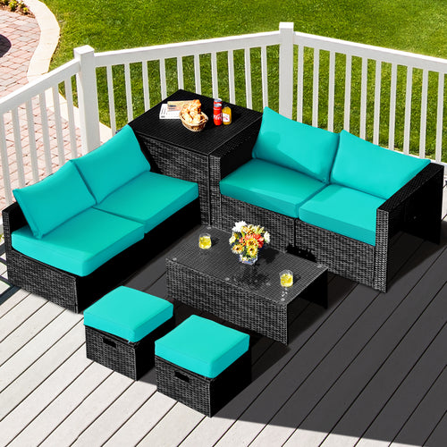 8 Pieces Patio Rattan Storage Table Furniture Set, Turquoise