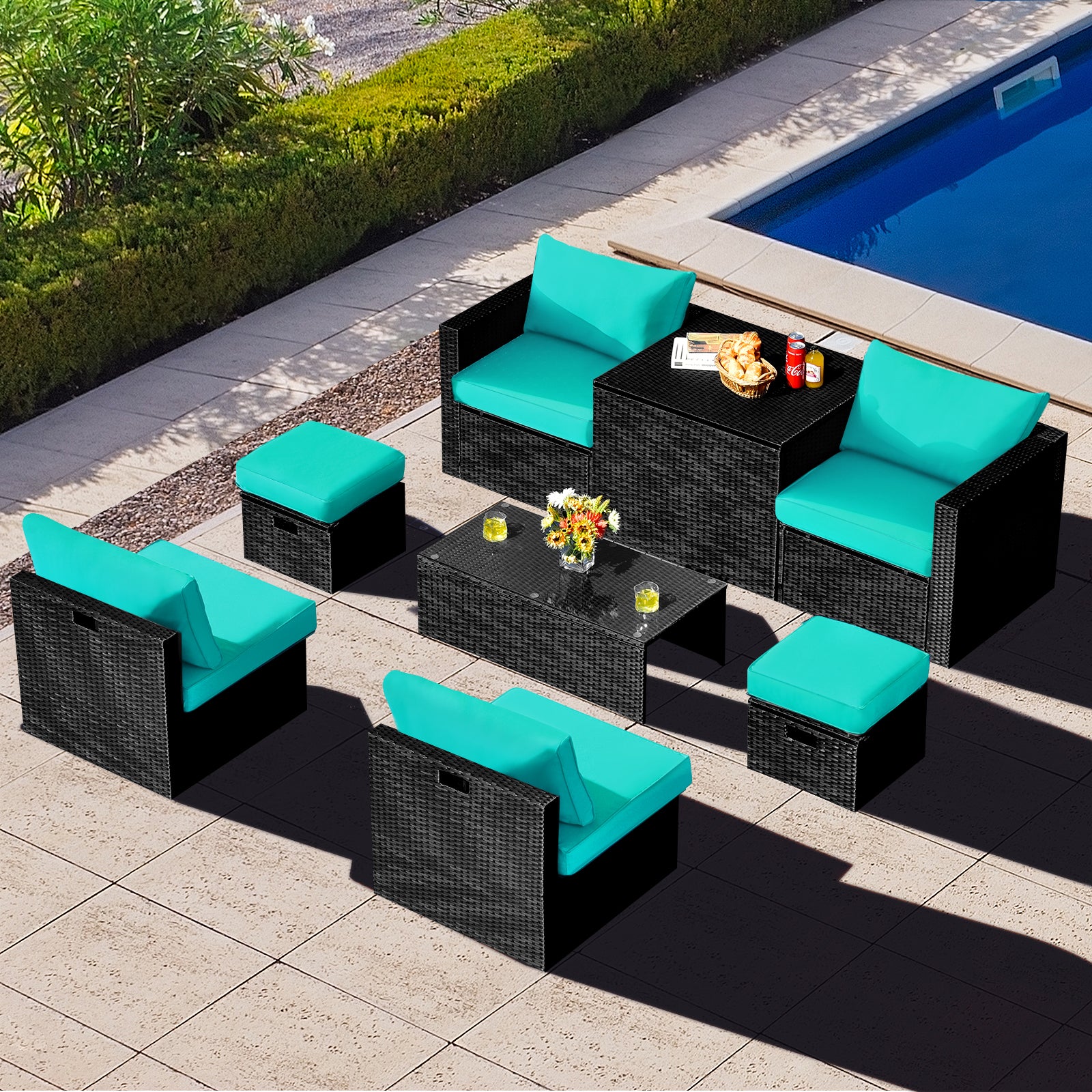 8 Pieces Patio Rattan Storage Table Furniture Set, Turquoise Outdoor Sectionals at Gallery Canada