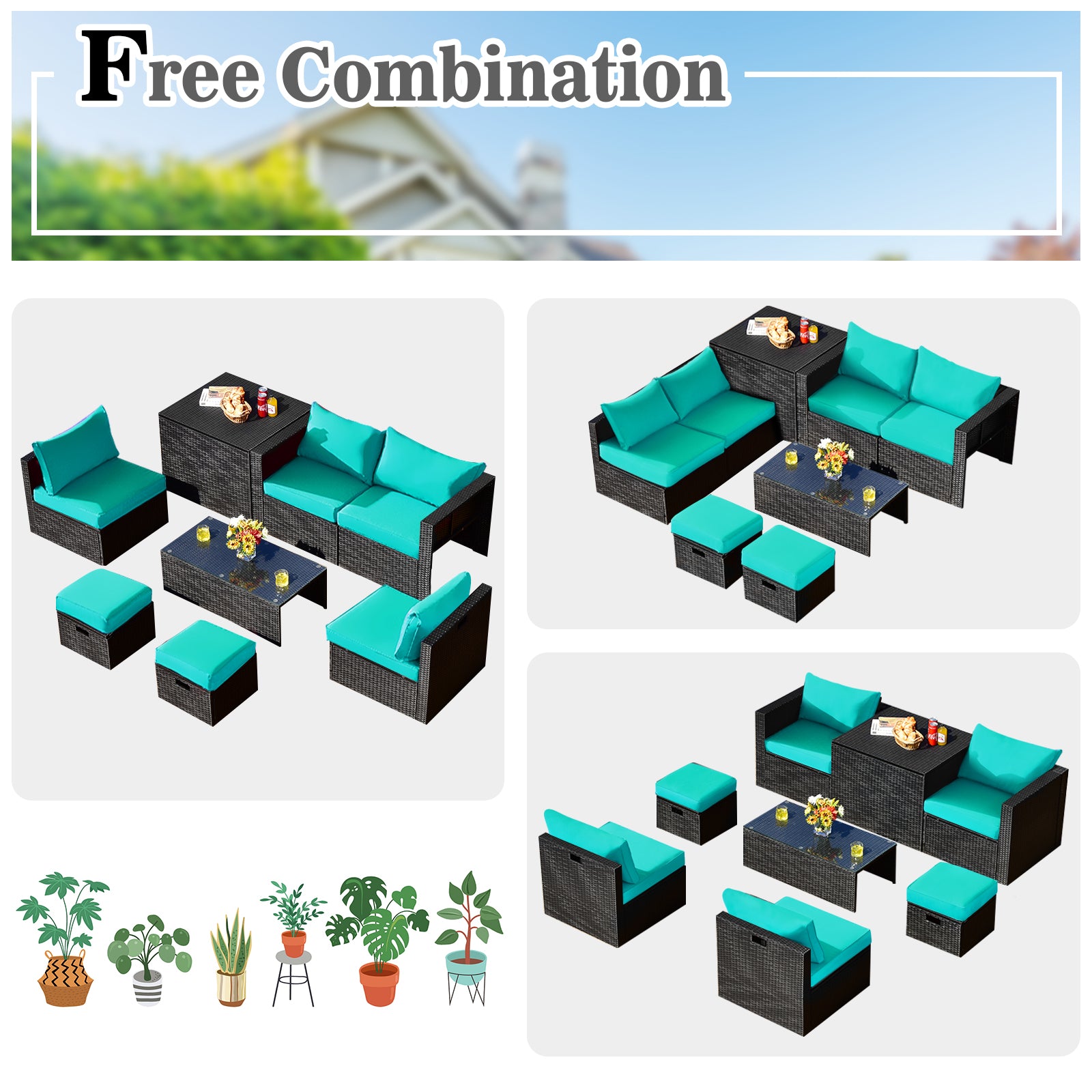 8 Pieces Patio Rattan Storage Table Furniture Set, Turquoise Outdoor Sectionals at Gallery Canada