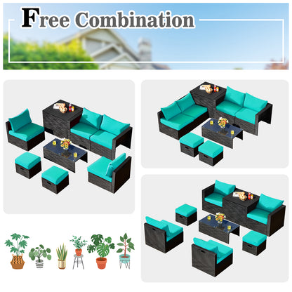 8 Pieces Patio Rattan Storage Table Furniture Set, Turquoise Outdoor Sectionals at Gallery Canada