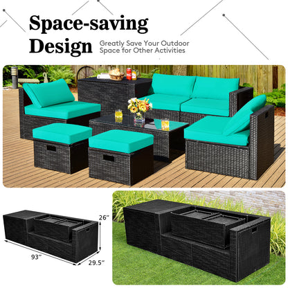 8 Pieces Patio Rattan Storage Table Furniture Set, Turquoise Outdoor Sectionals at Gallery Canada