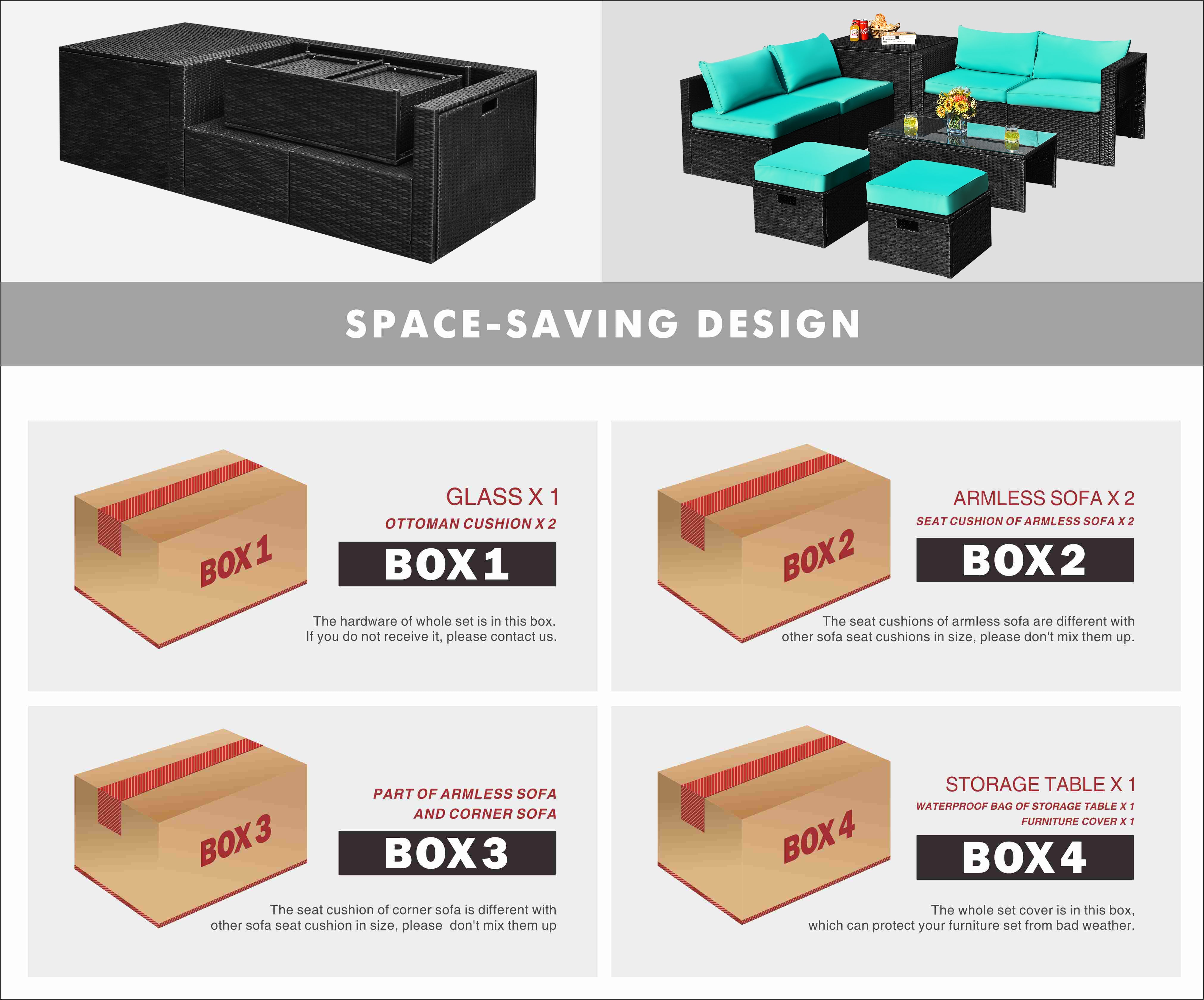 8 Pieces Patio Rattan Storage Table Furniture Set, Turquoise Outdoor Sectionals at Gallery Canada