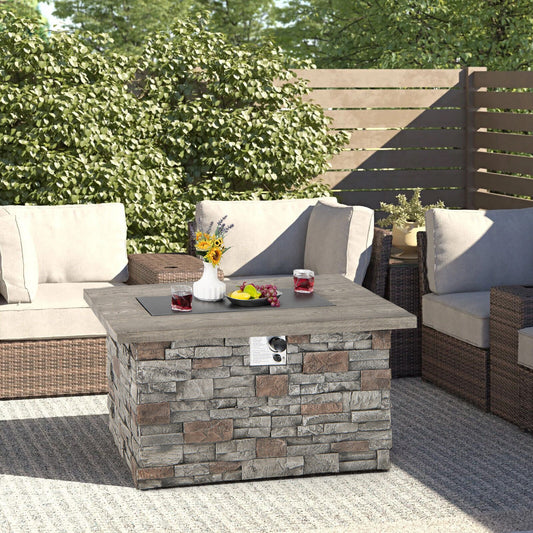 43.5 Inch Rectangle Faux Stone Propane Gas Fire Pit Table with Lava Rock and PVC Cover, Gray - Gallery Canada