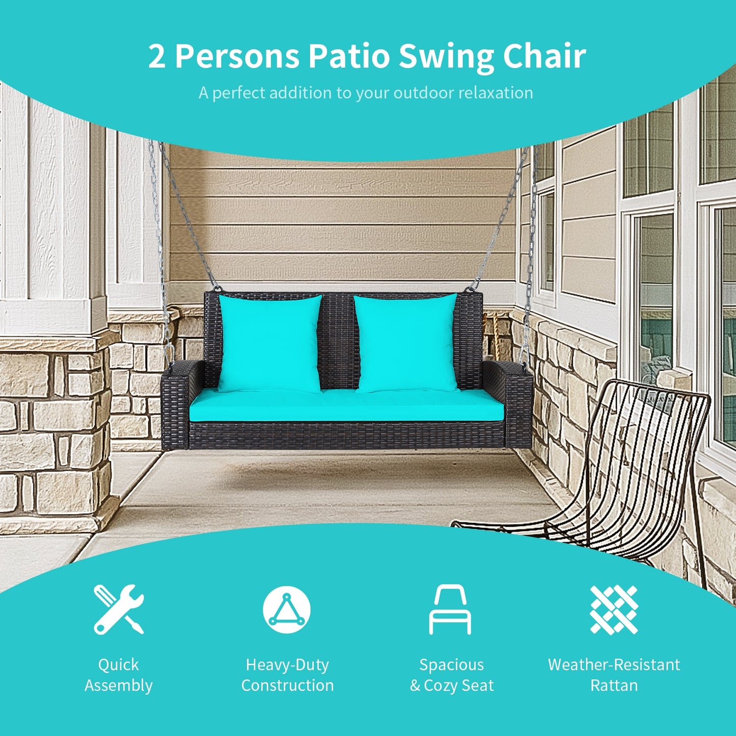 2-Person Patio Rattan Porch Swing with Cushions, Turquoise Porch Swings at Gallery Canada