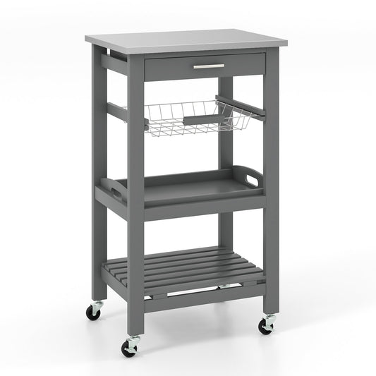 Kitchen Island Cart with Stainless Steel Tabletop and Basket, Gray - Gallery Canada