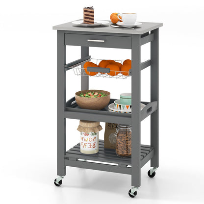 Kitchen Island Cart with Stainless Steel Tabletop and Basket, Gray