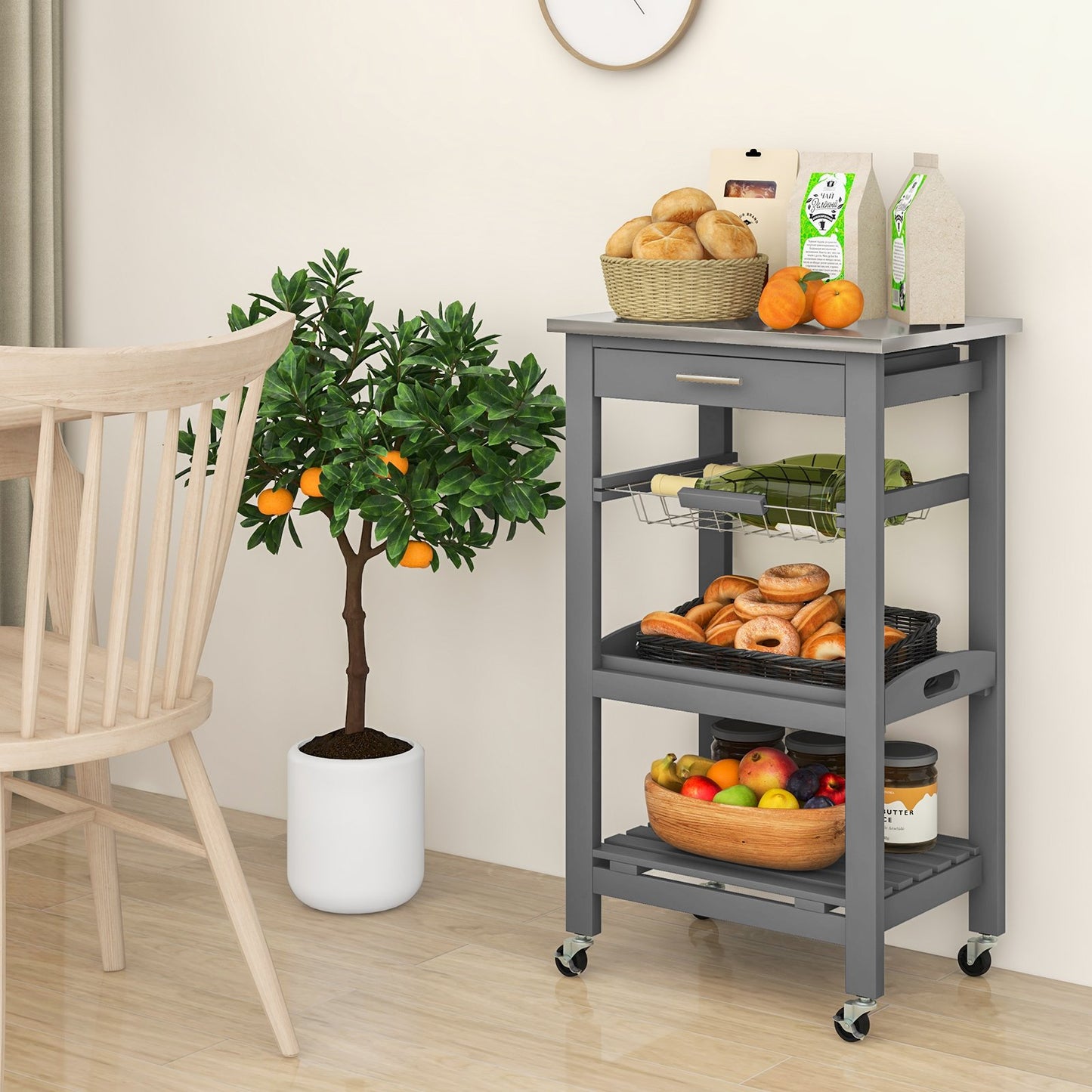 Kitchen Island Cart with Stainless Steel Tabletop and Basket, Gray