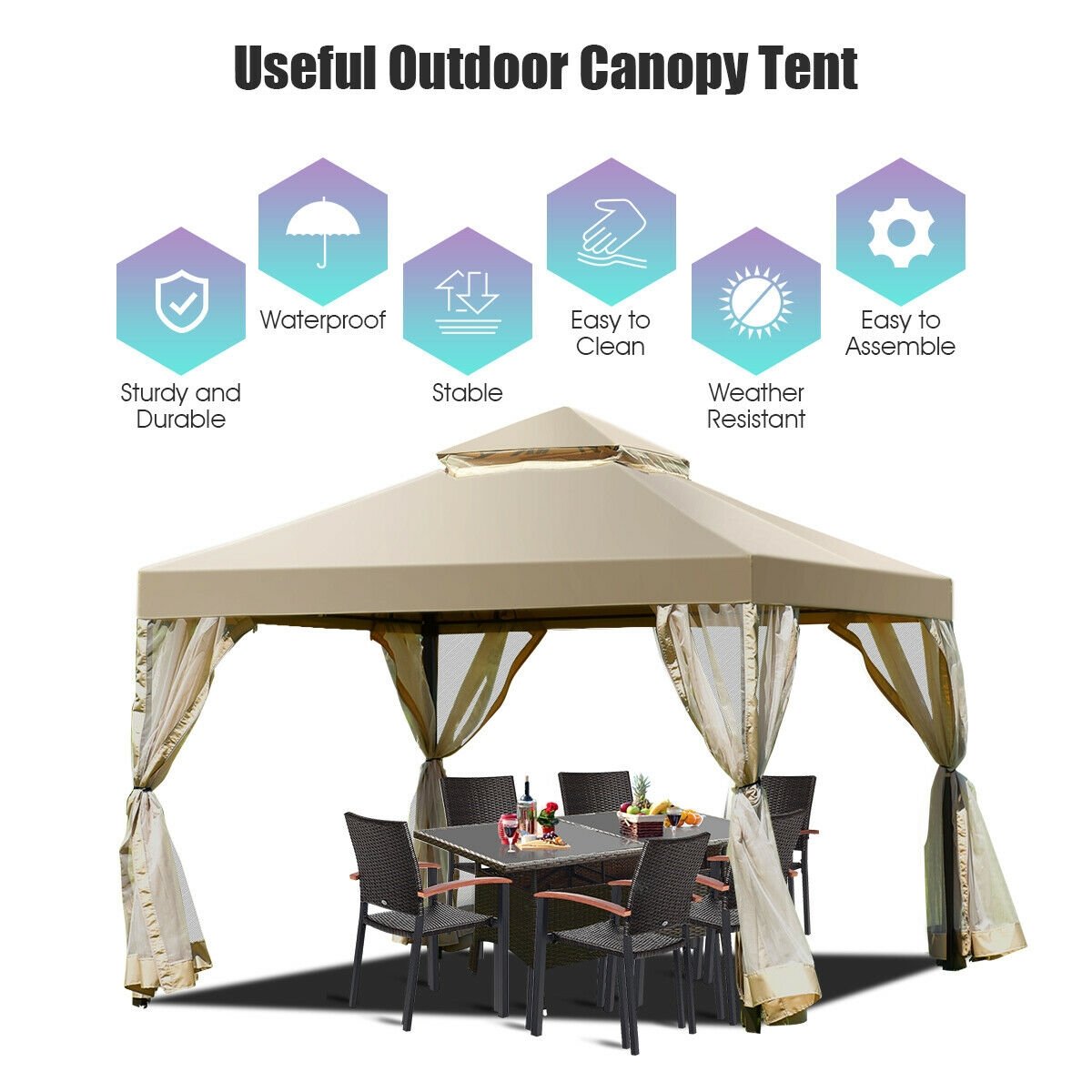 Outdoor 2-Tier 10 Feet x 10 Feet Screw-free Structure Shelter Gazebo Canopy, Beige at Gallery Canada