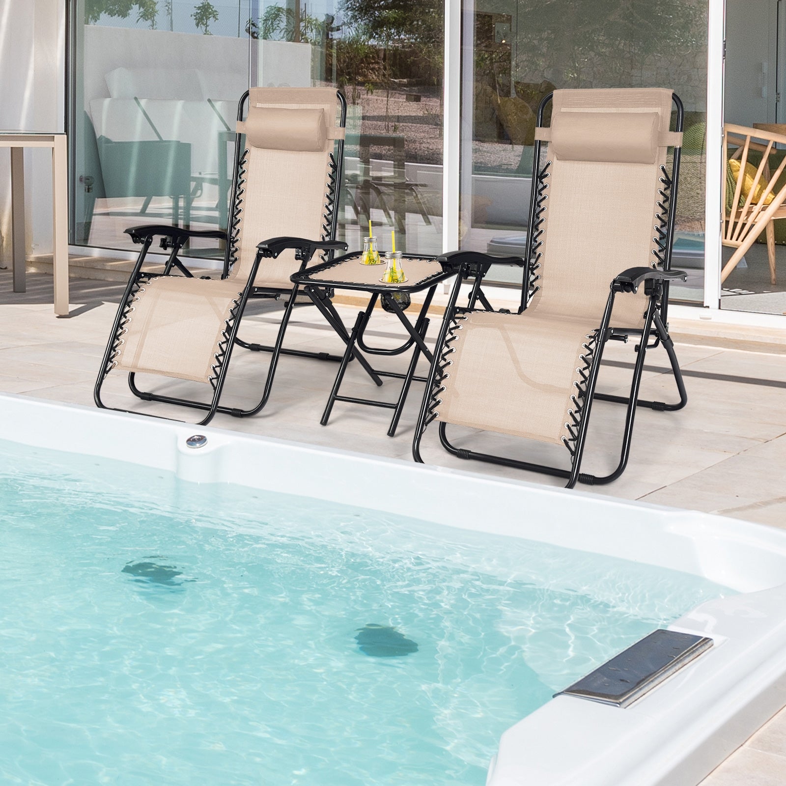 3-Piece Folding Portable Zero Gravity Recliner Chair Set, Beige Patio Conversation Sets at Gallery Canada