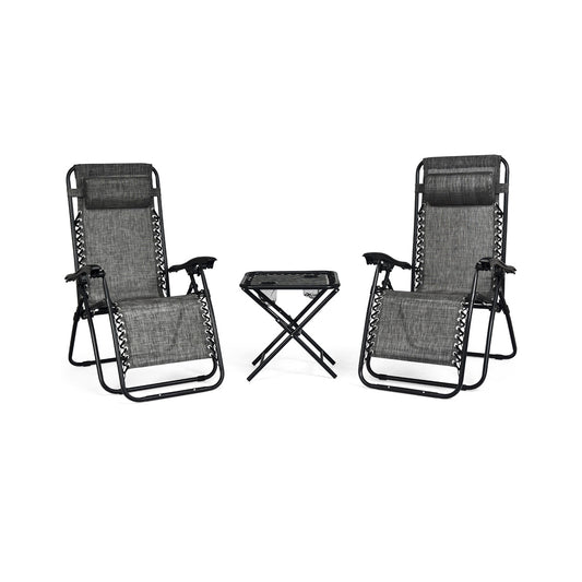 3 Pcs Folding Portable Zero Gravity Reclining Lounge Chairs Table, Gray Patio Conversation Sets Gray at Gallery Canada