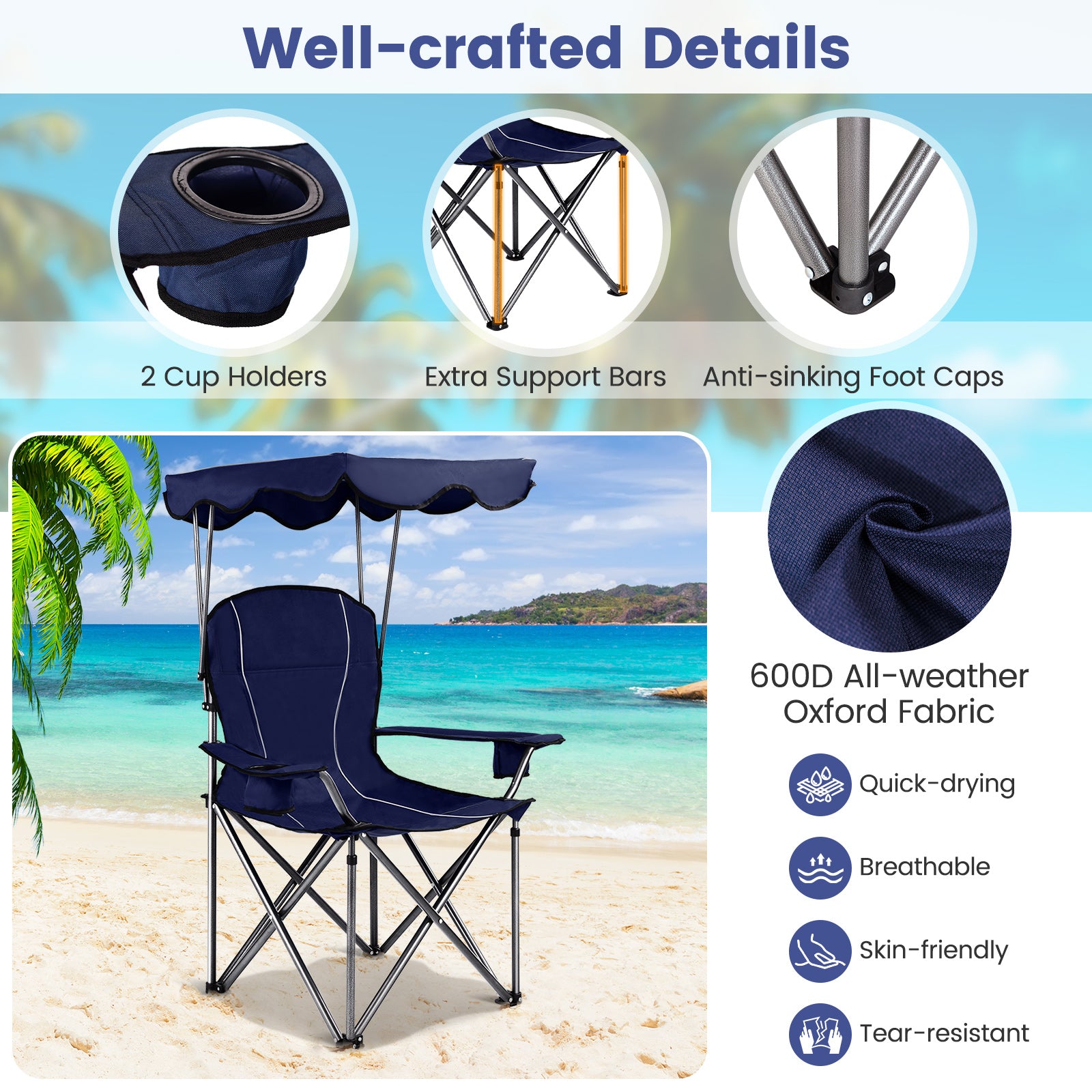 Portable Folding Beach Canopy Chair with Cup Holders, Blue Camping Furniture at Gallery Canada