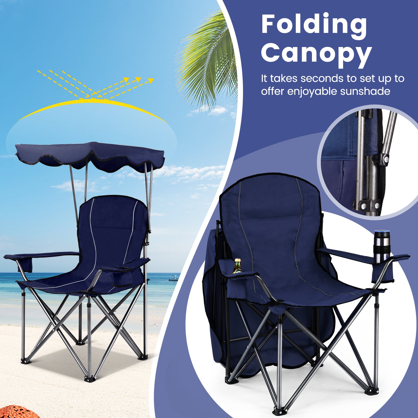 Portable Folding Beach Canopy Chair with Cup Holders, Blue Camping Furniture at Gallery Canada