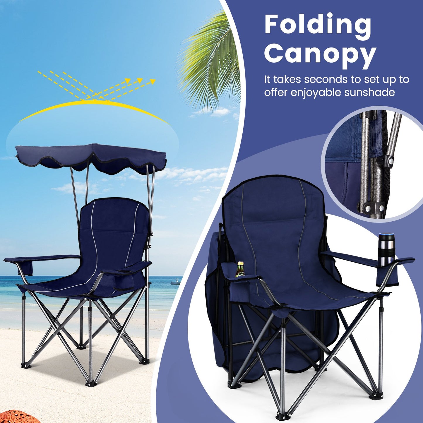 Portable Folding Beach Canopy Chair with Cup Holders, Blue - Gallery Canada