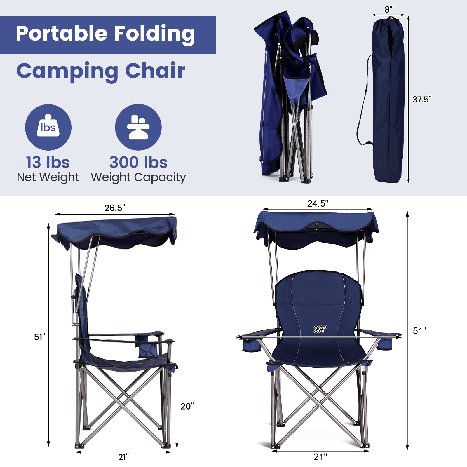 Portable Folding Beach Canopy Chair with Cup Holders, Blue Camping Furniture at Gallery Canada