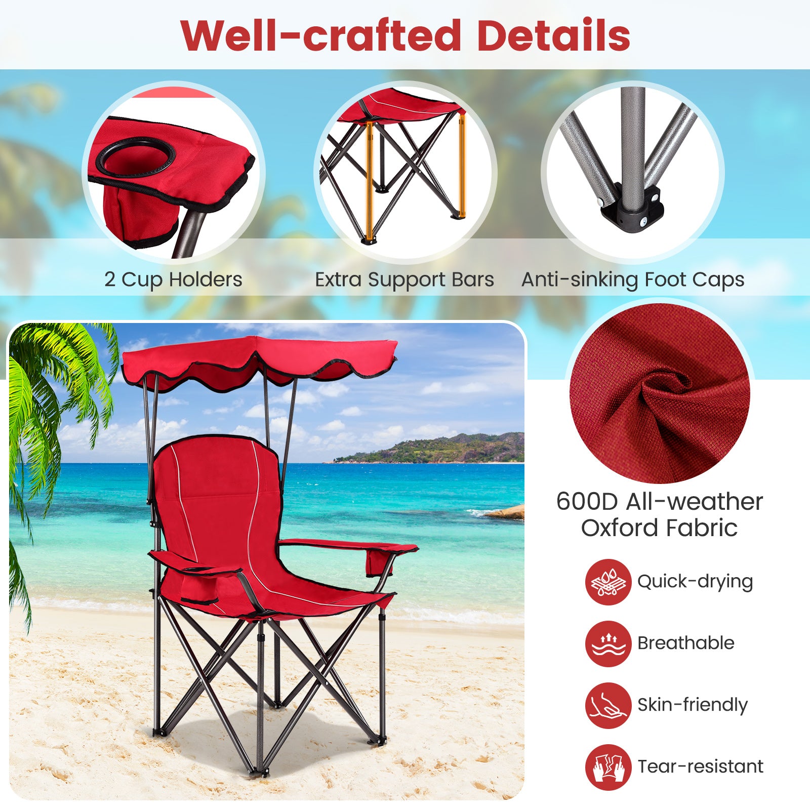 Portable Folding Beach Canopy Chair with Cup Holders, Red Camping Furniture at Gallery Canada