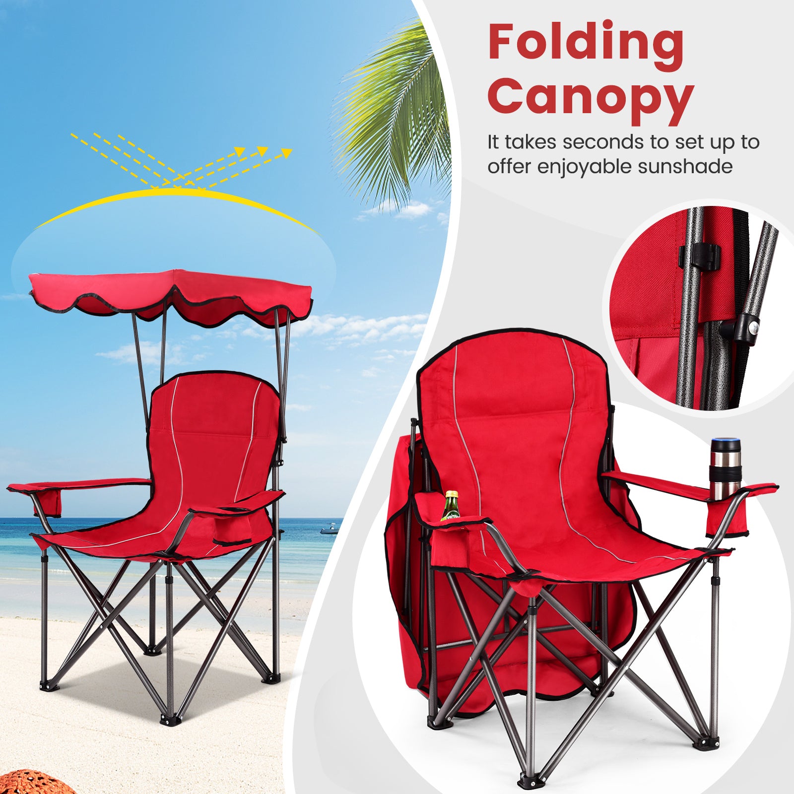Portable Folding Beach Canopy Chair with Cup Holders, Red Camping Furniture at Gallery Canada