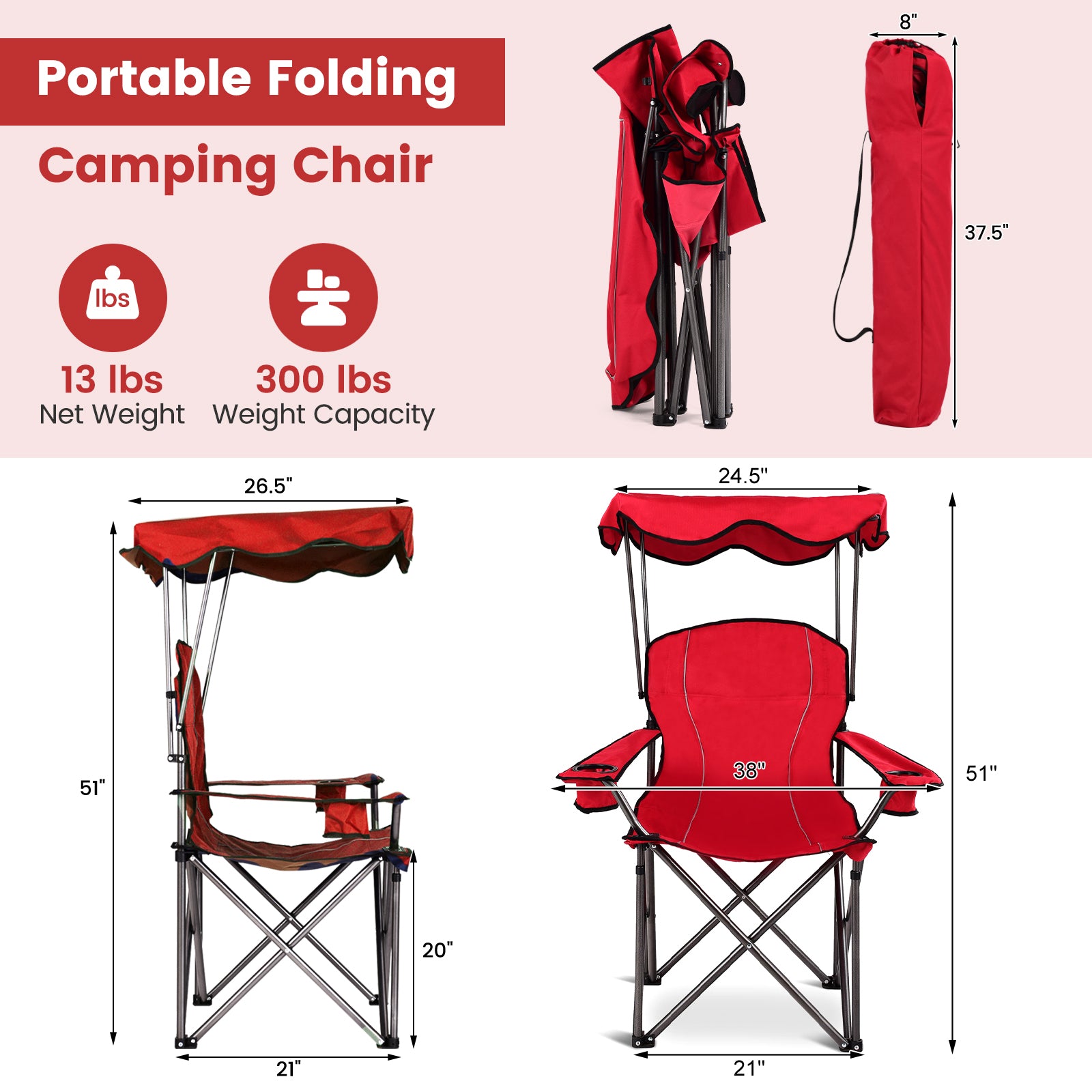 Portable Folding Beach Canopy Chair with Cup Holders, Red Camping Furniture at Gallery Canada