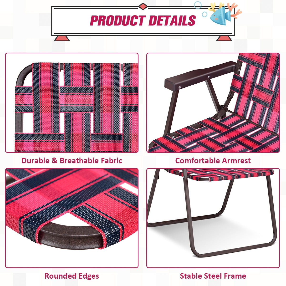 6 Pieces Folding Beach Chair Camping Lawn Webbing Chair, Red Beach & Lawn Chairs at Gallery Canada