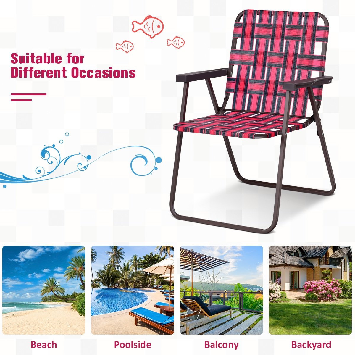 6 Pieces Folding Beach Chair Camping Lawn Webbing Chair, Red - Gallery Canada