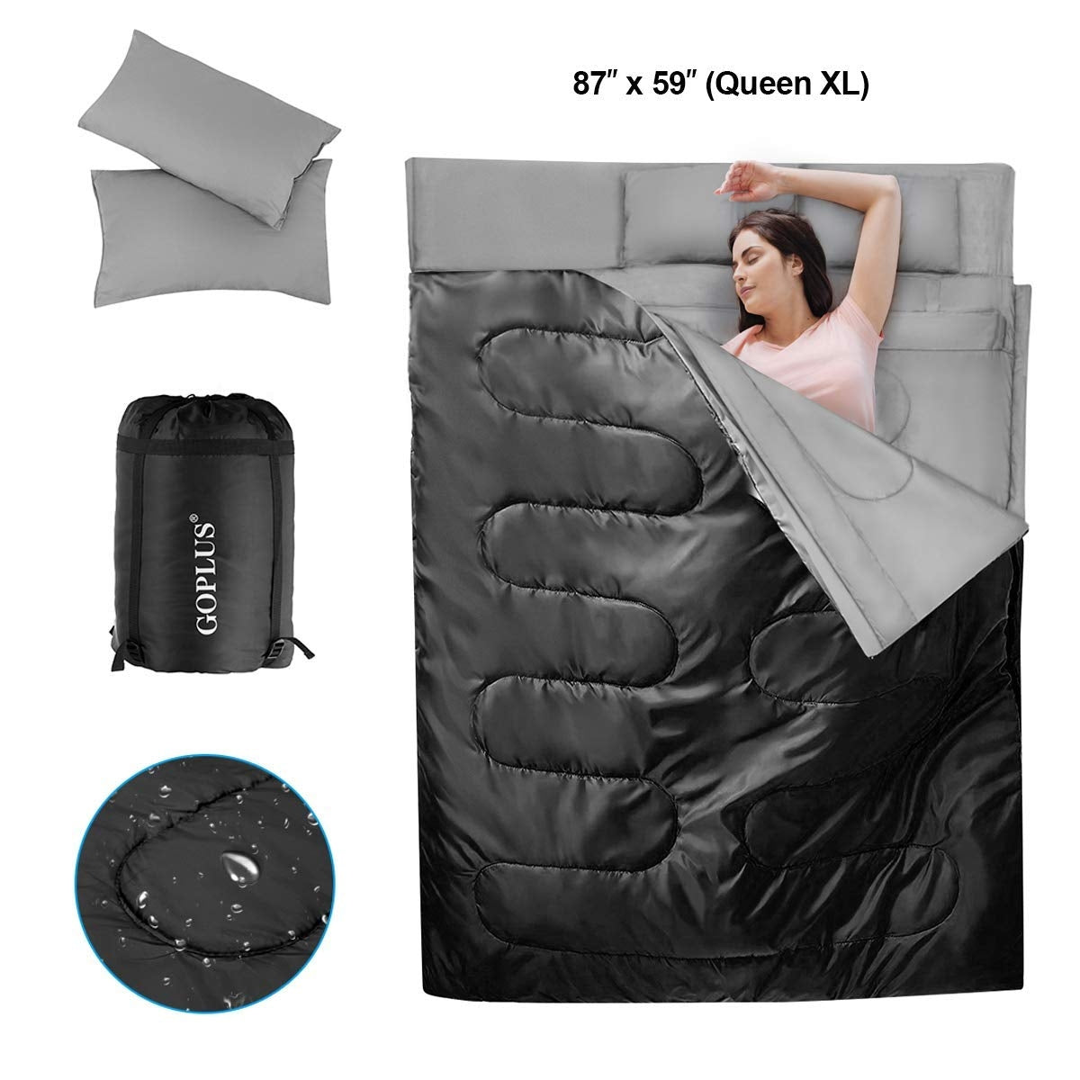 2 Person Waterproof Sleeping Bag with 2 Pillows, Black Air Mattresses & Sleeping Bags at Gallery Canada