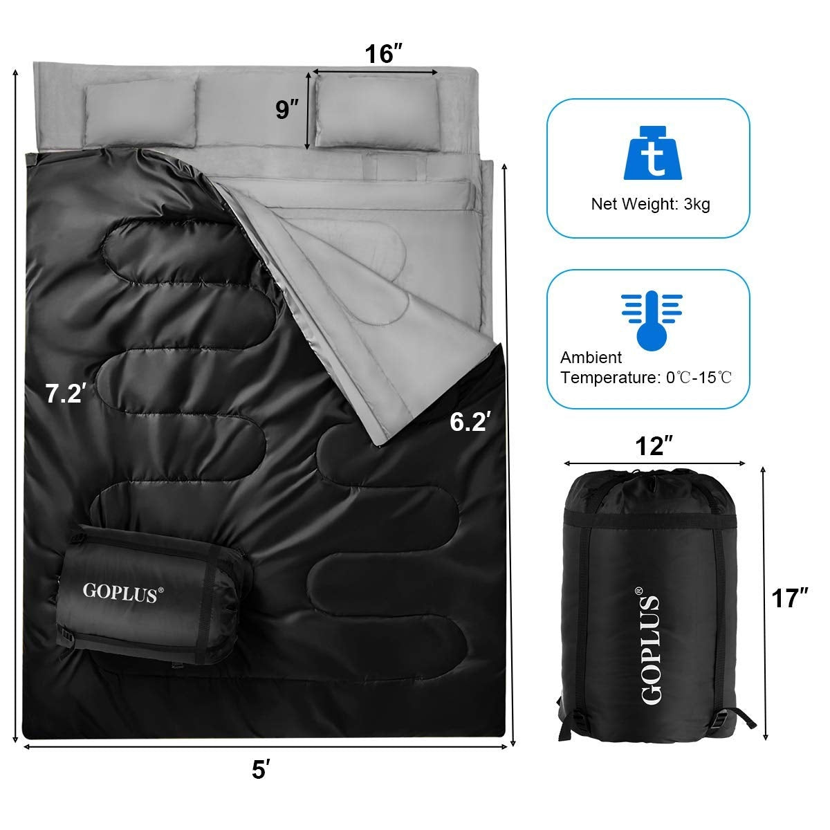 2 Person Waterproof Sleeping Bag with 2 Pillows, Black Air Mattresses & Sleeping Bags at Gallery Canada