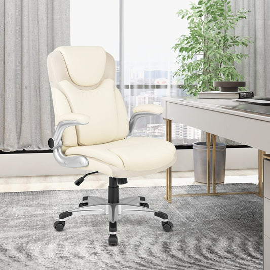Ergonomic Office PU Leather Executive Chair with Flip-up Armrests and Rocking Function, White - Gallery Canada
