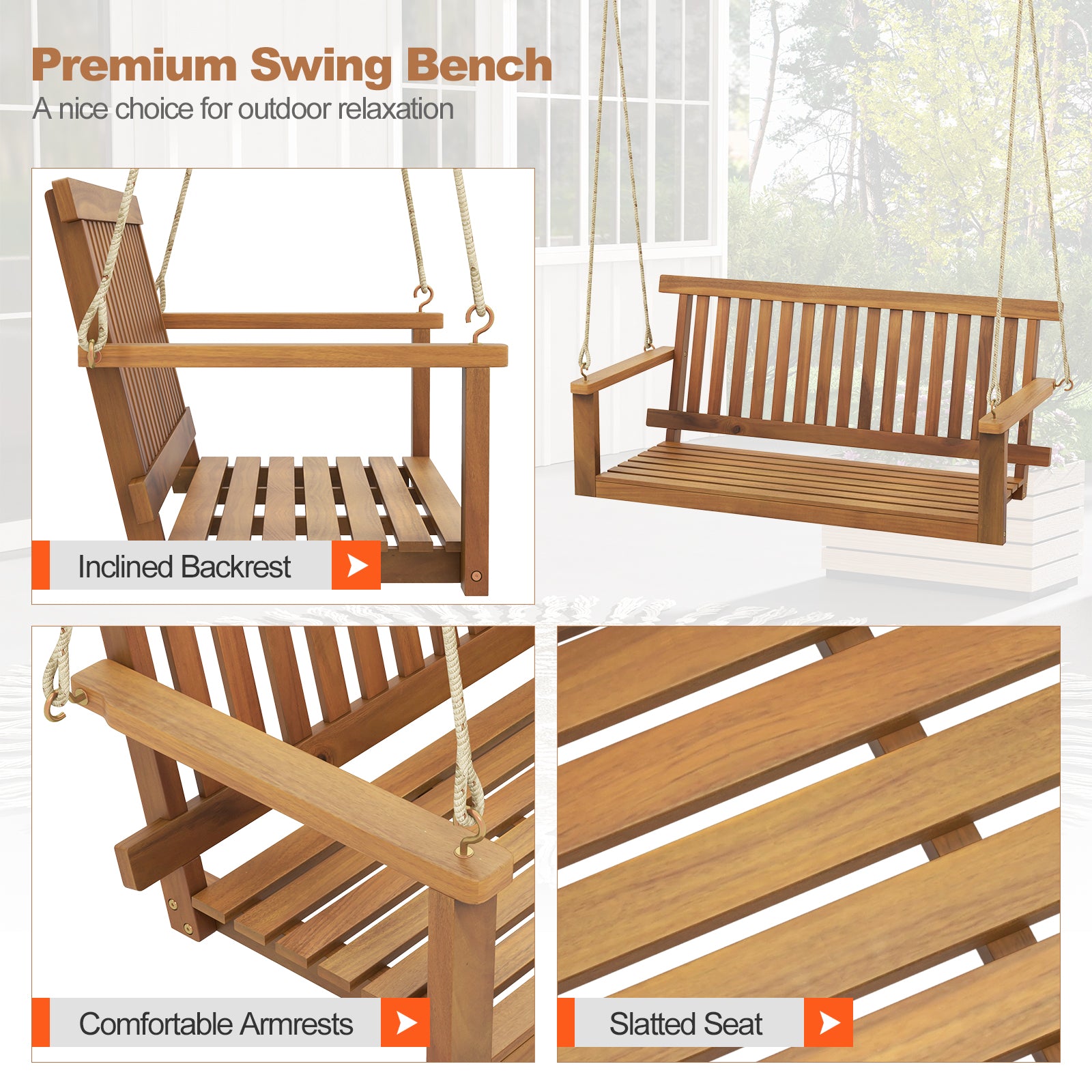 2-Seat Acacia Wood Porch Swing Bench with 2 Hanging Hemp Ropes, Natural Porch Swings at Gallery Canada