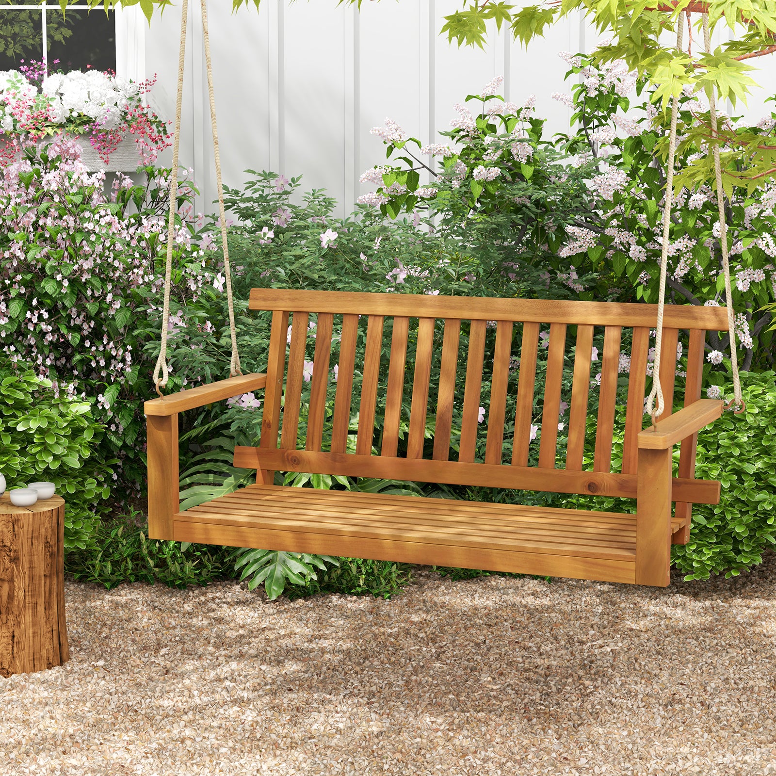 2-Seat Acacia Wood Porch Swing Bench with 2 Hanging Hemp Ropes, Natural Porch Swings at Gallery Canada