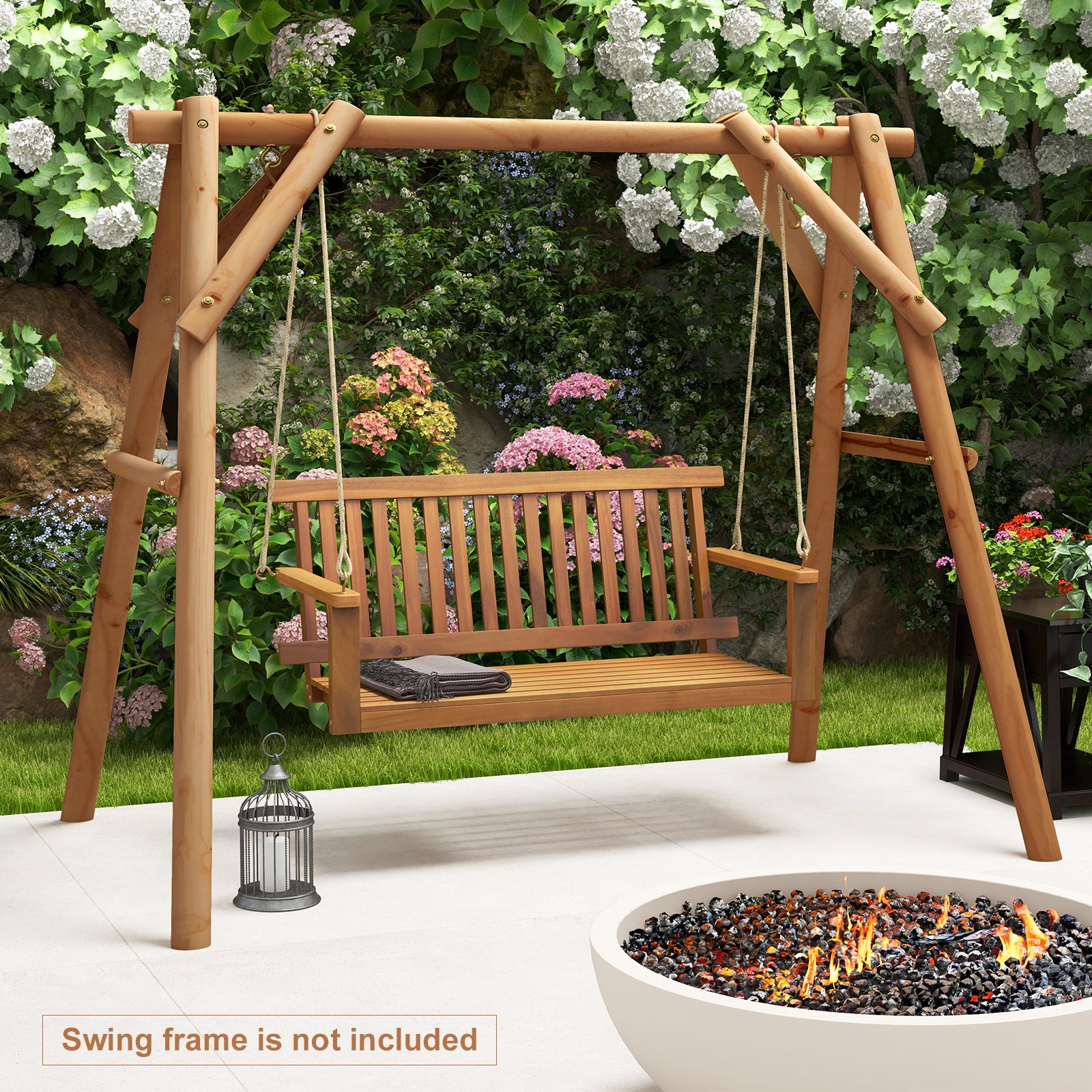 2-Seat Acacia Wood Porch Swing Bench with 2 Hanging Hemp Ropes, Natural Porch Swings at Gallery Canada