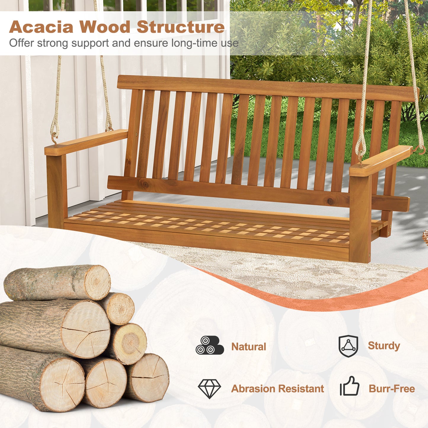 2-Seat Acacia Wood Porch Swing Bench with 2 Hanging Hemp Ropes, Natural Porch Swings at Gallery Canada